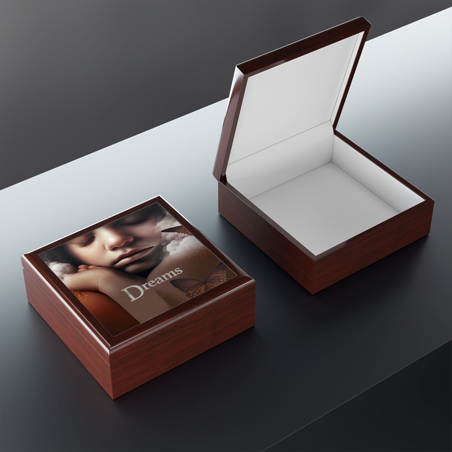 Dreams Keepsake Jewelry Box with Ceramic Tile Cover Beige. Manifest your dreams.
