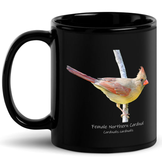 Female Northern Cardinal Black Glossy Ceramic Mug