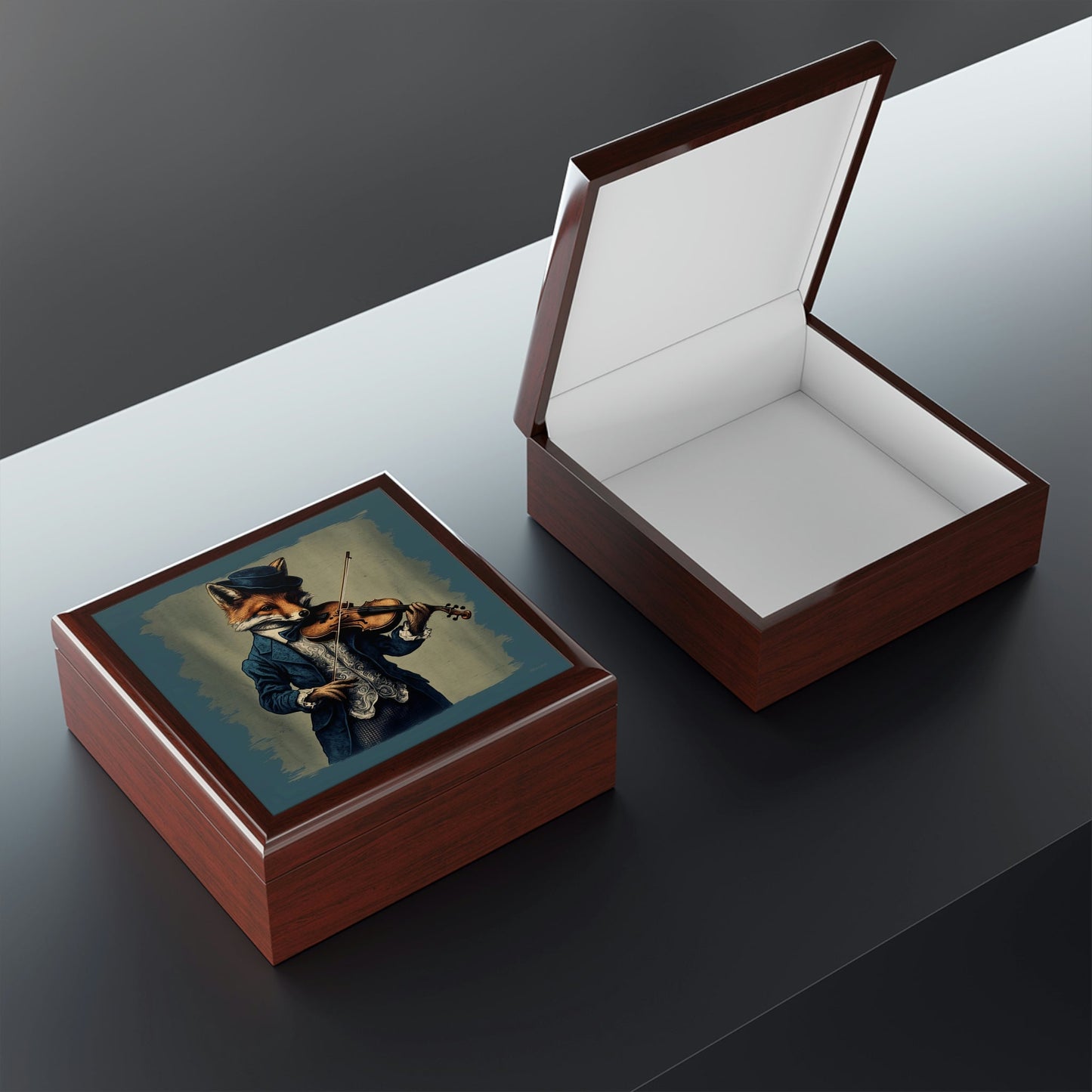 Fox Playing Violin Wood Keepsake Jewelry Box with Ceramic Tile Cover