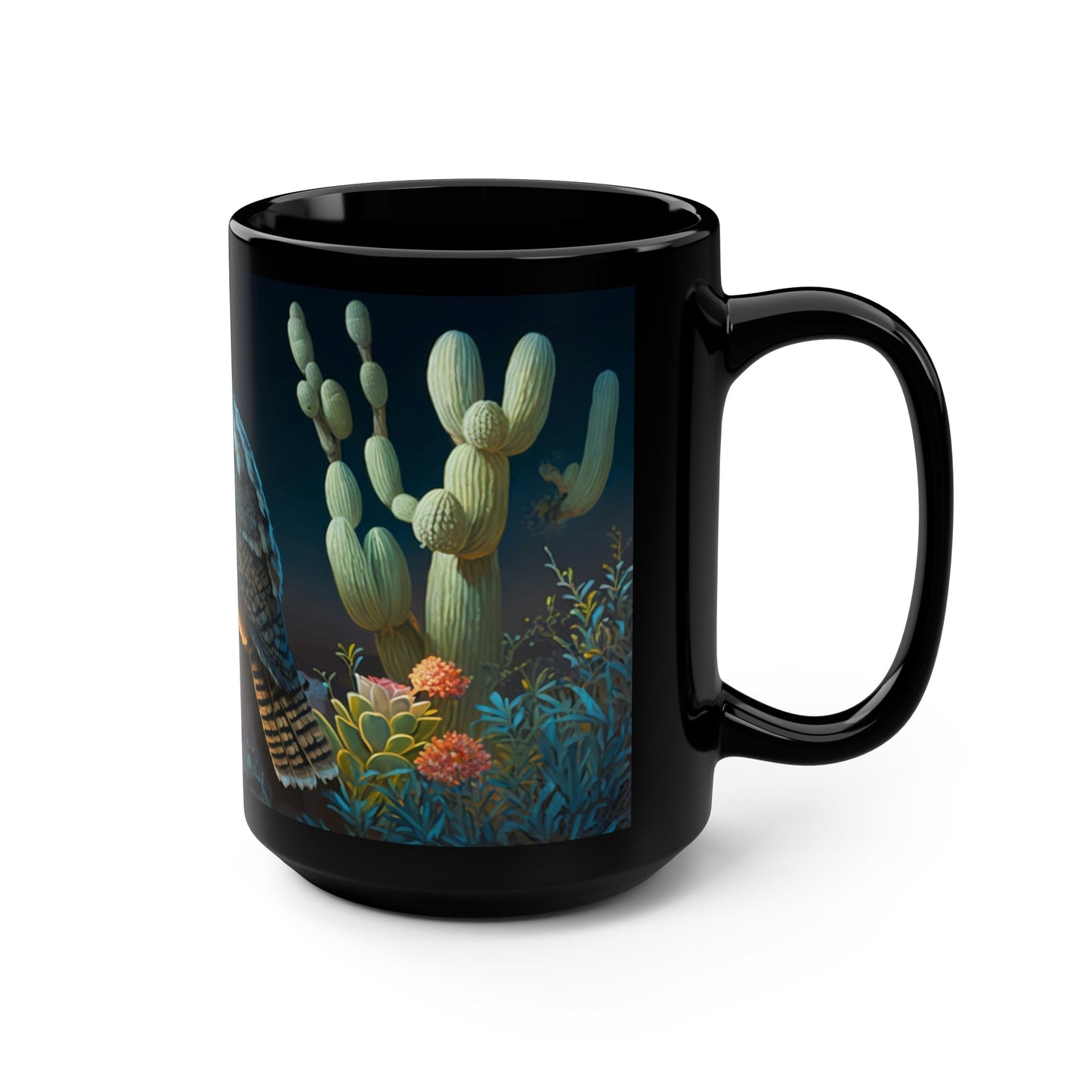 Great Horned Owl in Desert Cactus Garden - Black 15 oz Blck Coffee Mug