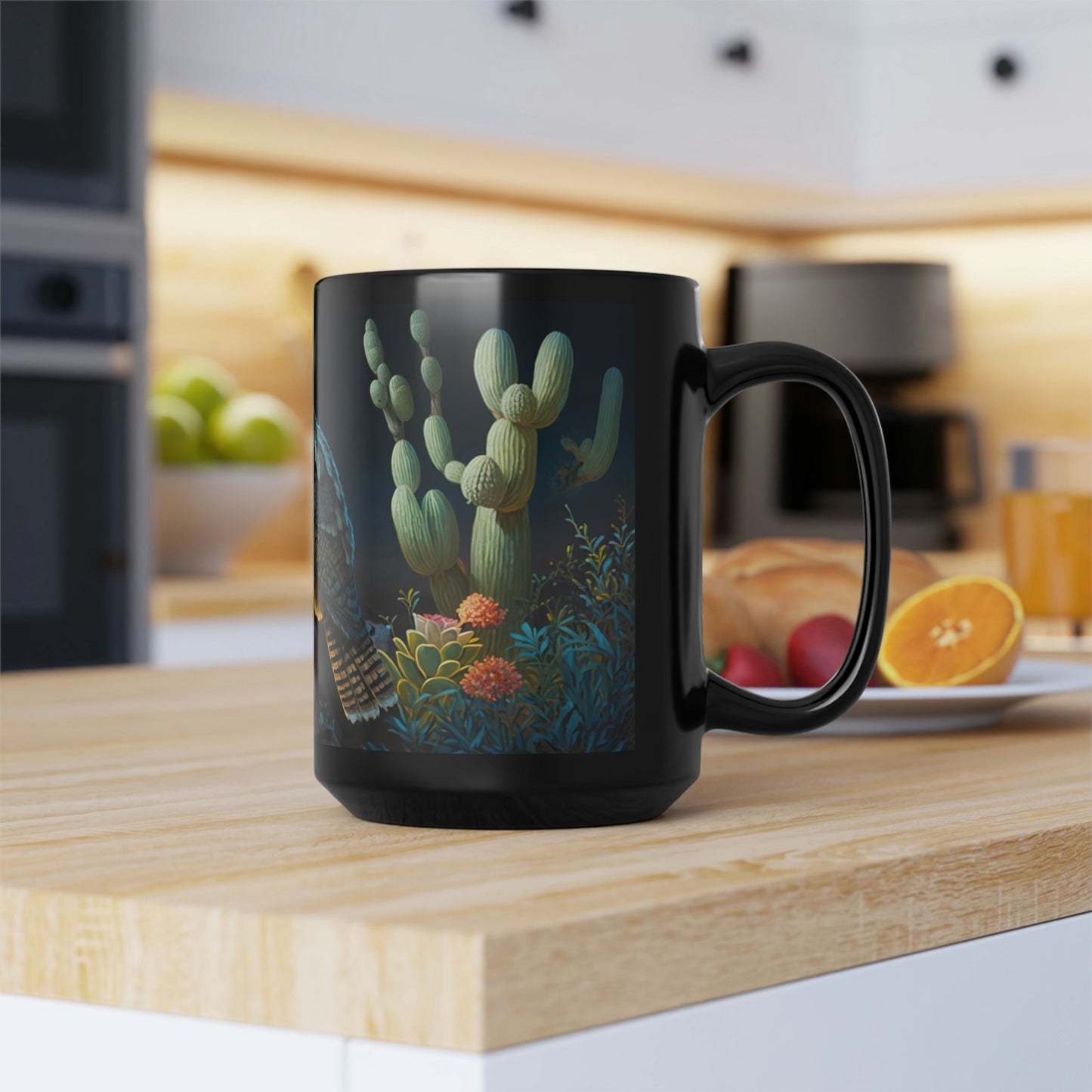 Great Horned Owl in Desert Cactus Garden - Black 15 oz Blck Coffee Mug