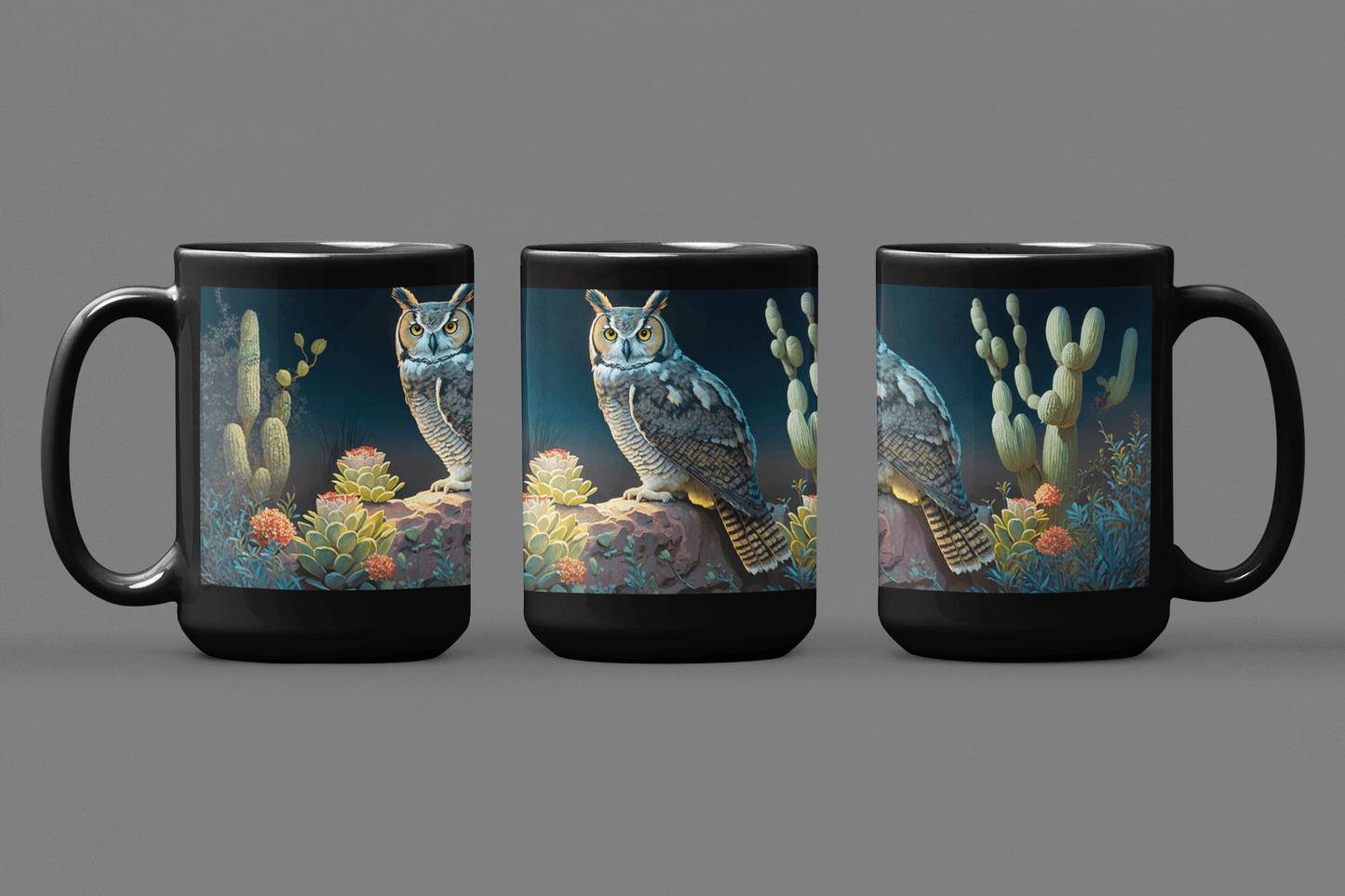 Great Horned Owl in Desert Cactus Garden - Black 15 oz Blck Coffee Mug