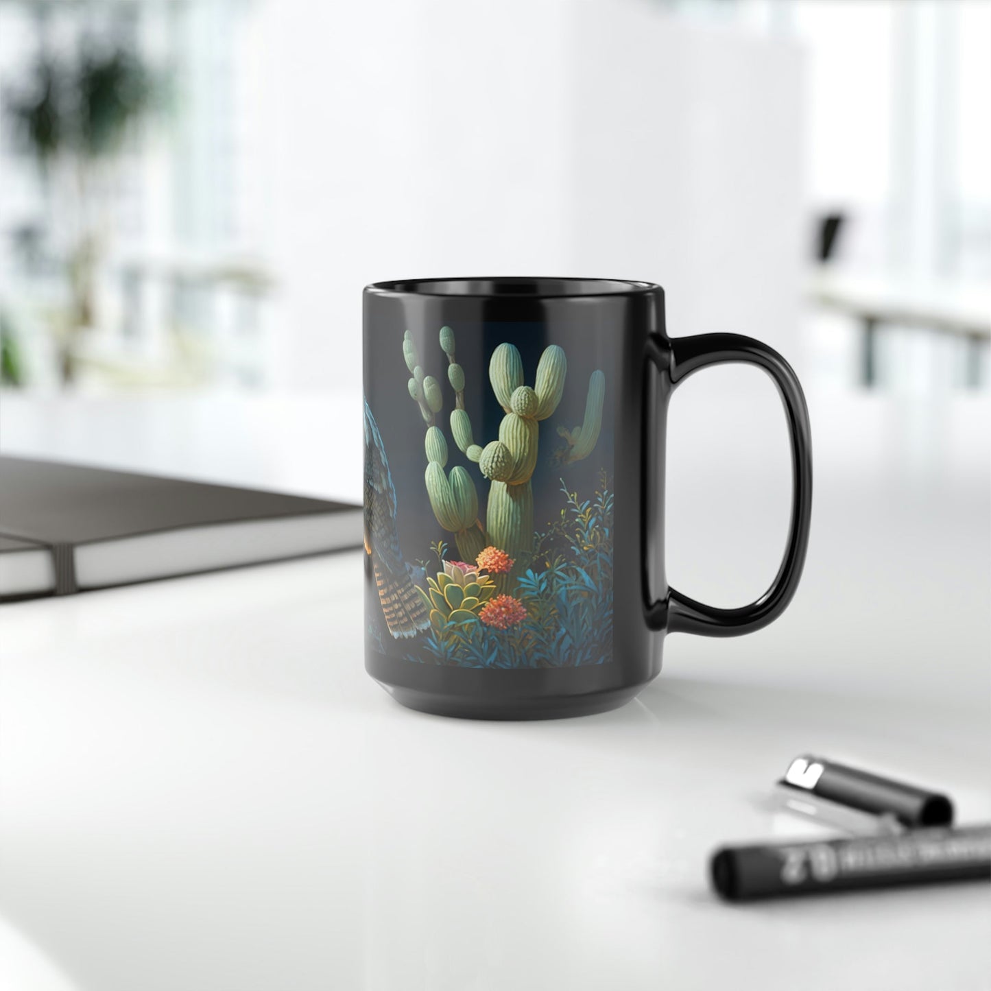 Great Horned Owl in Desert Cactus Garden - Black 15 oz Blck Coffee Mug