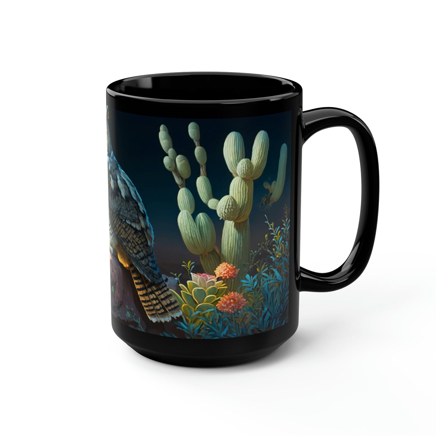 Great Horned Owl in Desert Cactus Garden - Black 15 oz Blck Coffee Mug