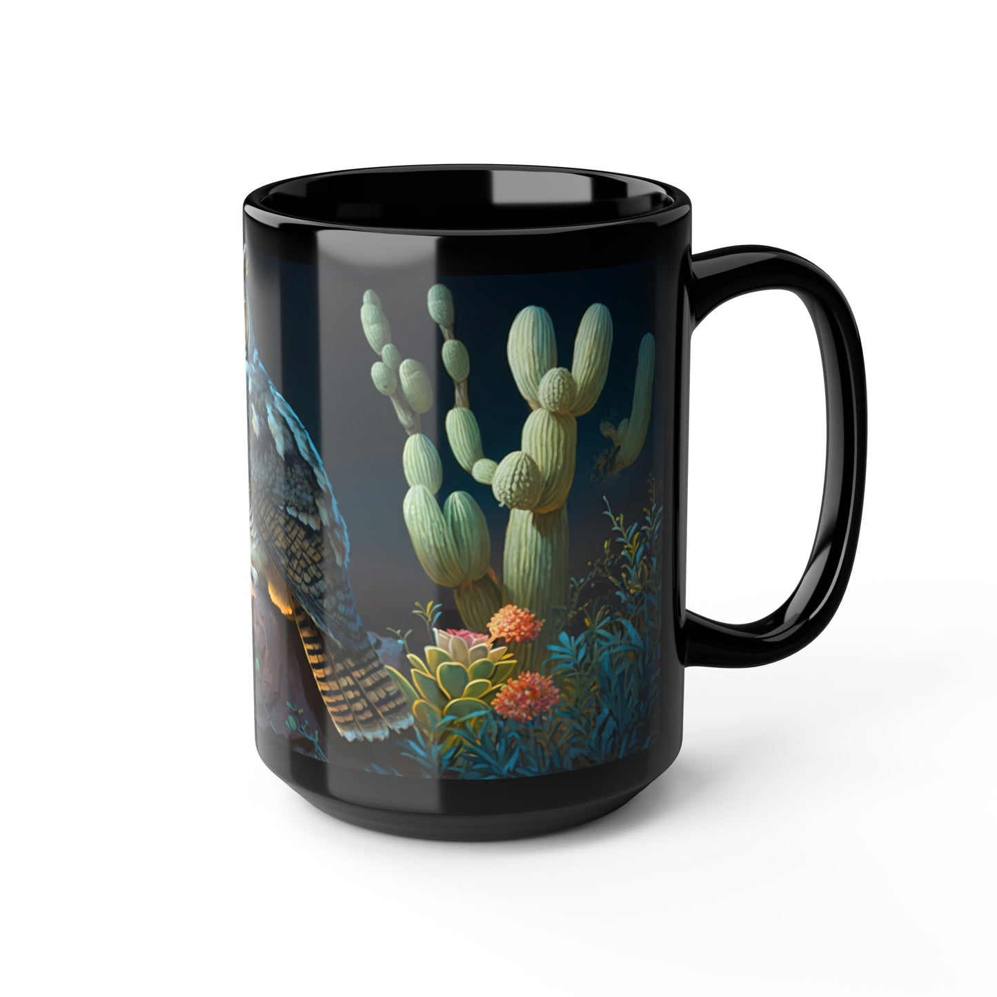 Great Horned Owl in Desert Cactus Garden - Black 15 oz Blck Coffee Mug