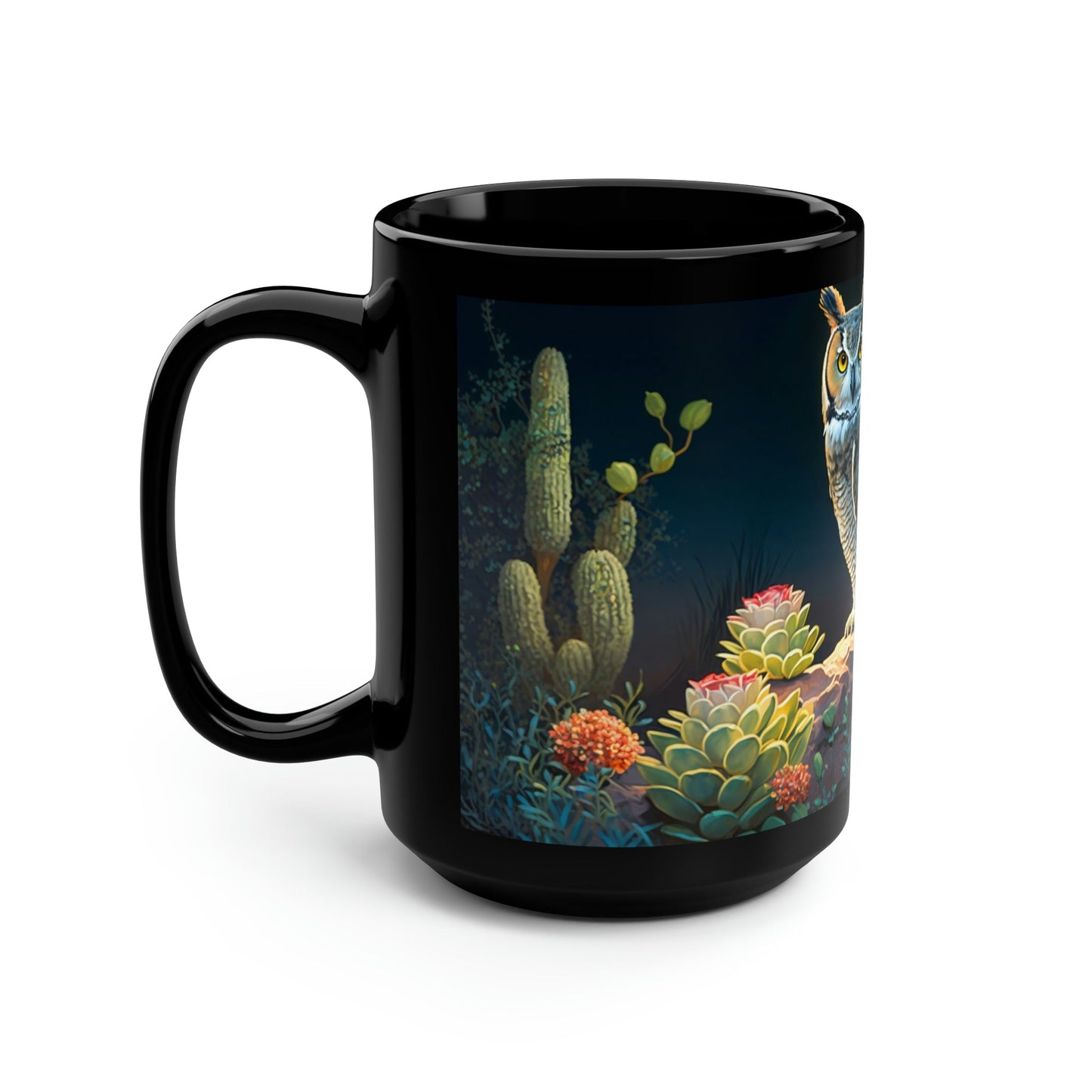 Great Horned Owl in Desert Cactus Garden - Black 15 oz Blck Coffee Mug