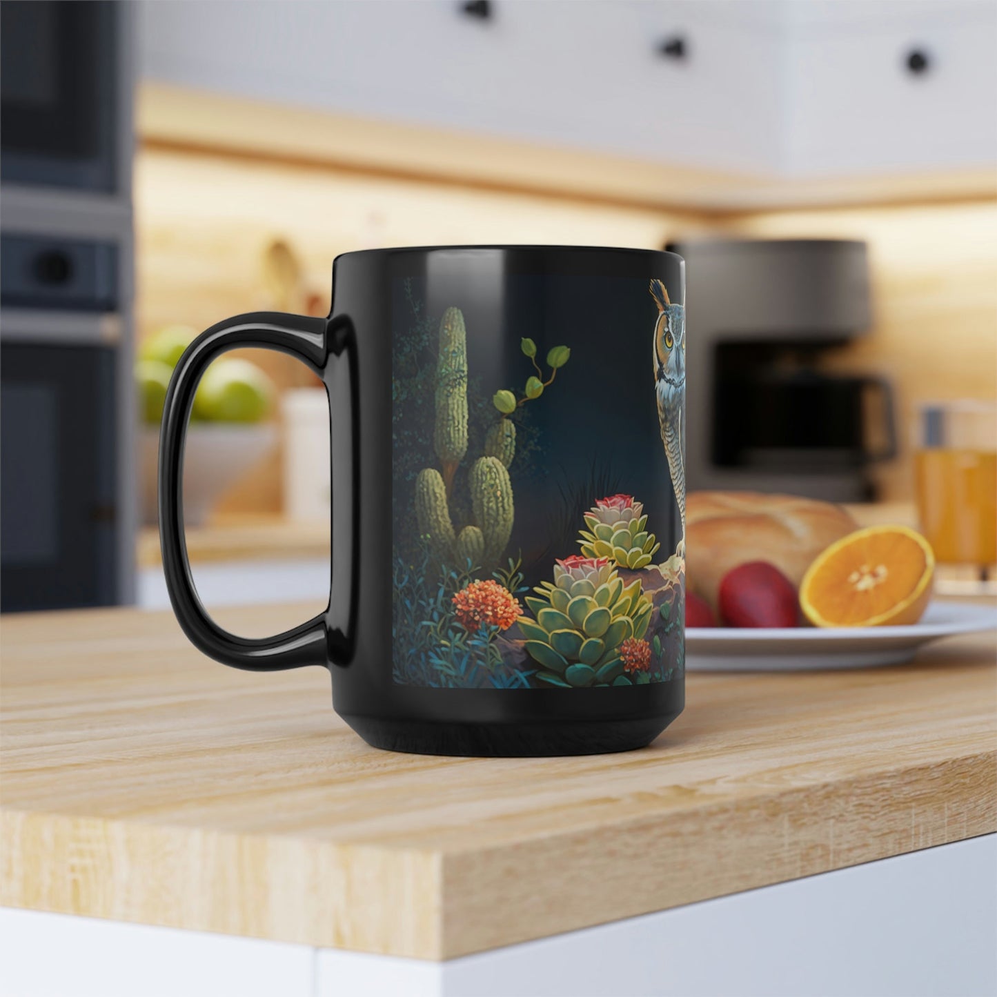Great Horned Owl in Desert Cactus Garden - Black 15 oz Blck Coffee Mug