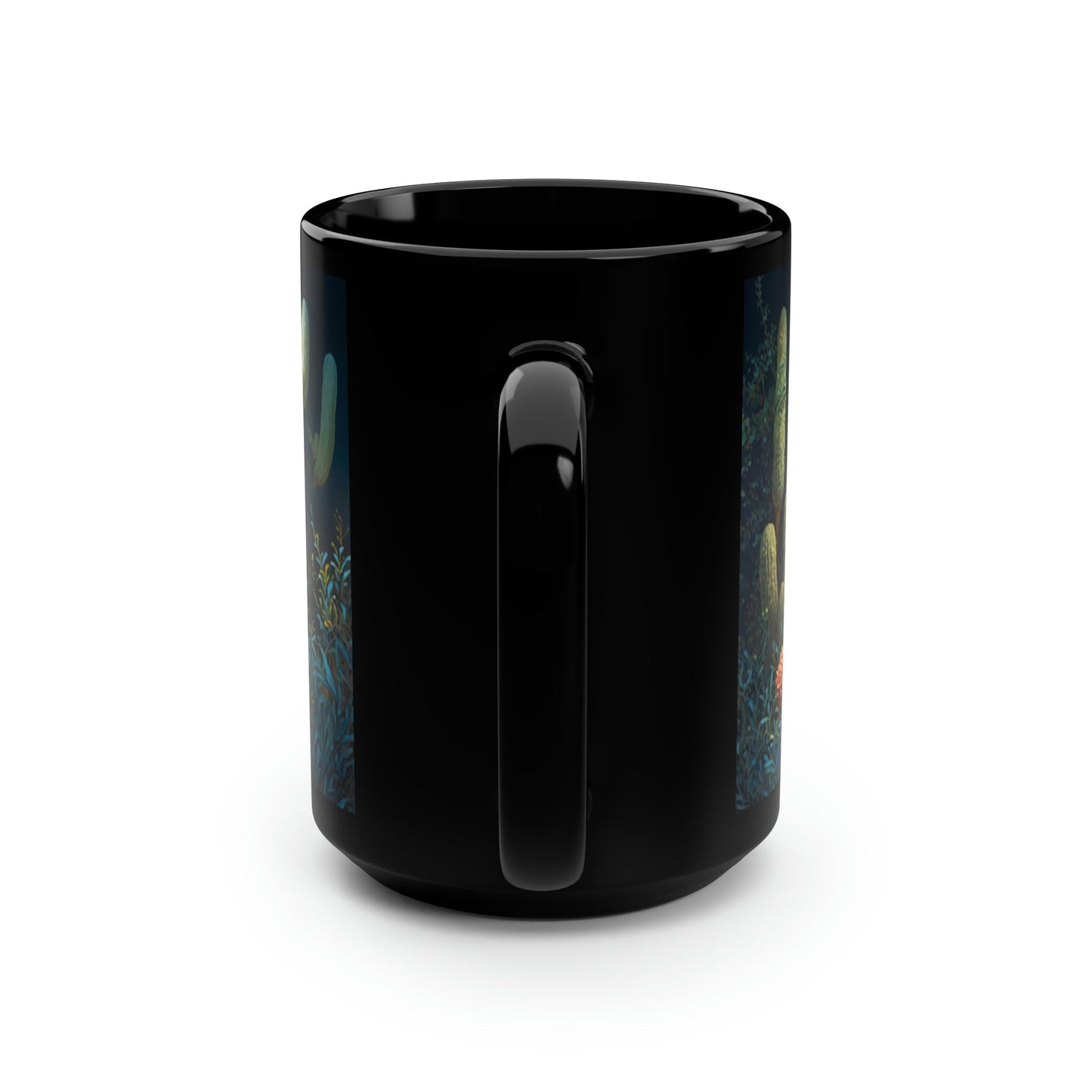 Great Horned Owl in Desert Cactus Garden - Black 15 oz Blck Coffee Mug