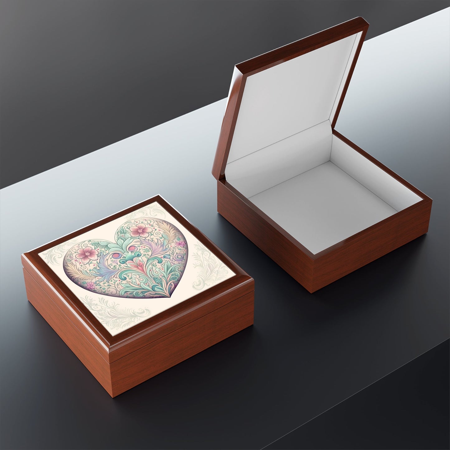 Hidden Dragon Pastel Heart Wood Keepsake Jewelry Box with Ceramic Tile Cover