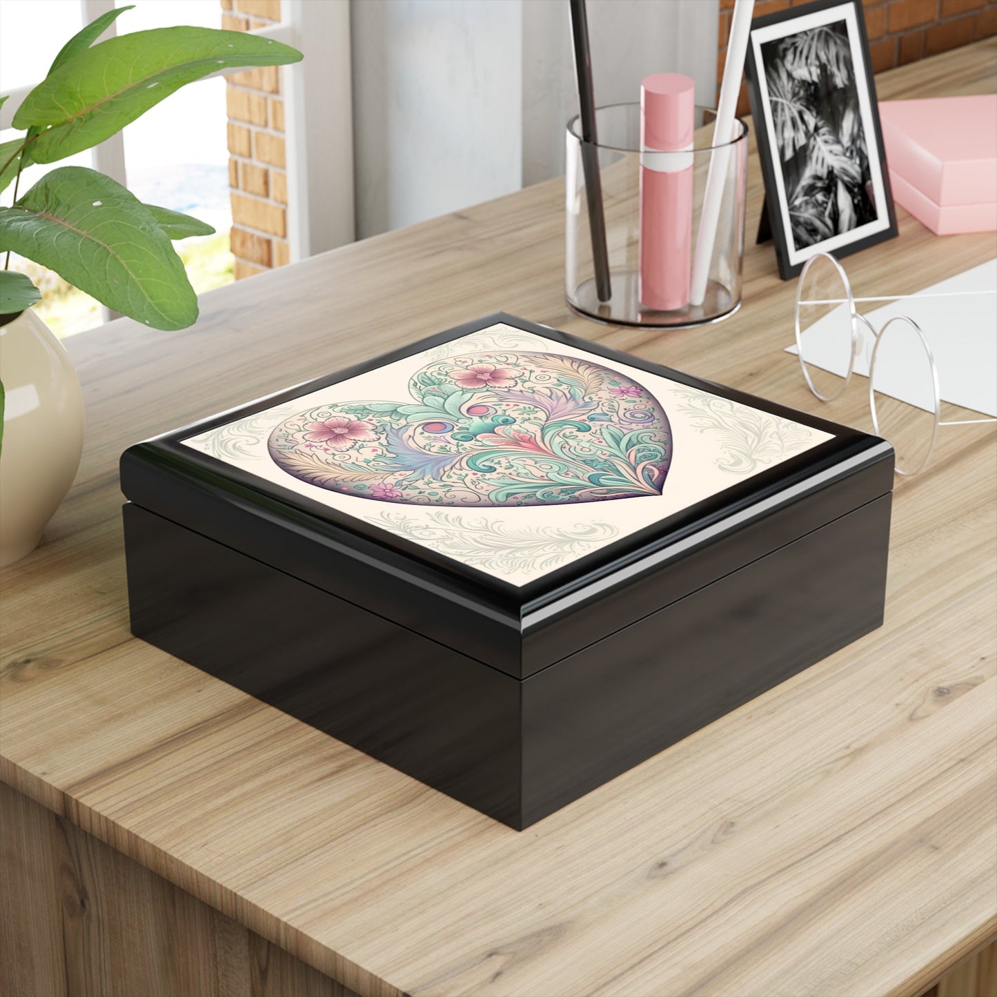 Hidden Dragon Pastel Heart Wood Keepsake Jewelry Box with Ceramic Tile Cover