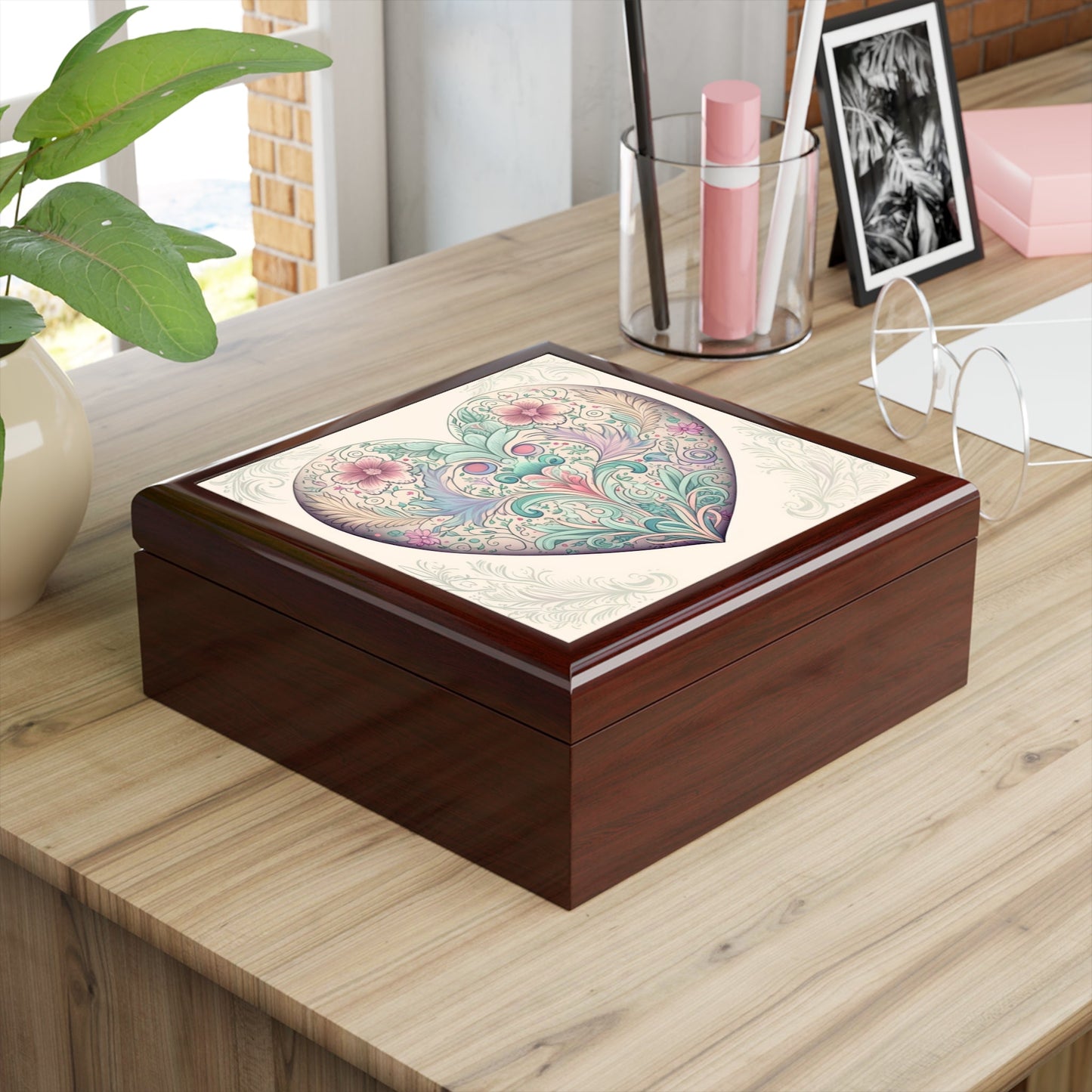 Hidden Dragon Pastel Heart Wood Keepsake Jewelry Box with Ceramic Tile Cover