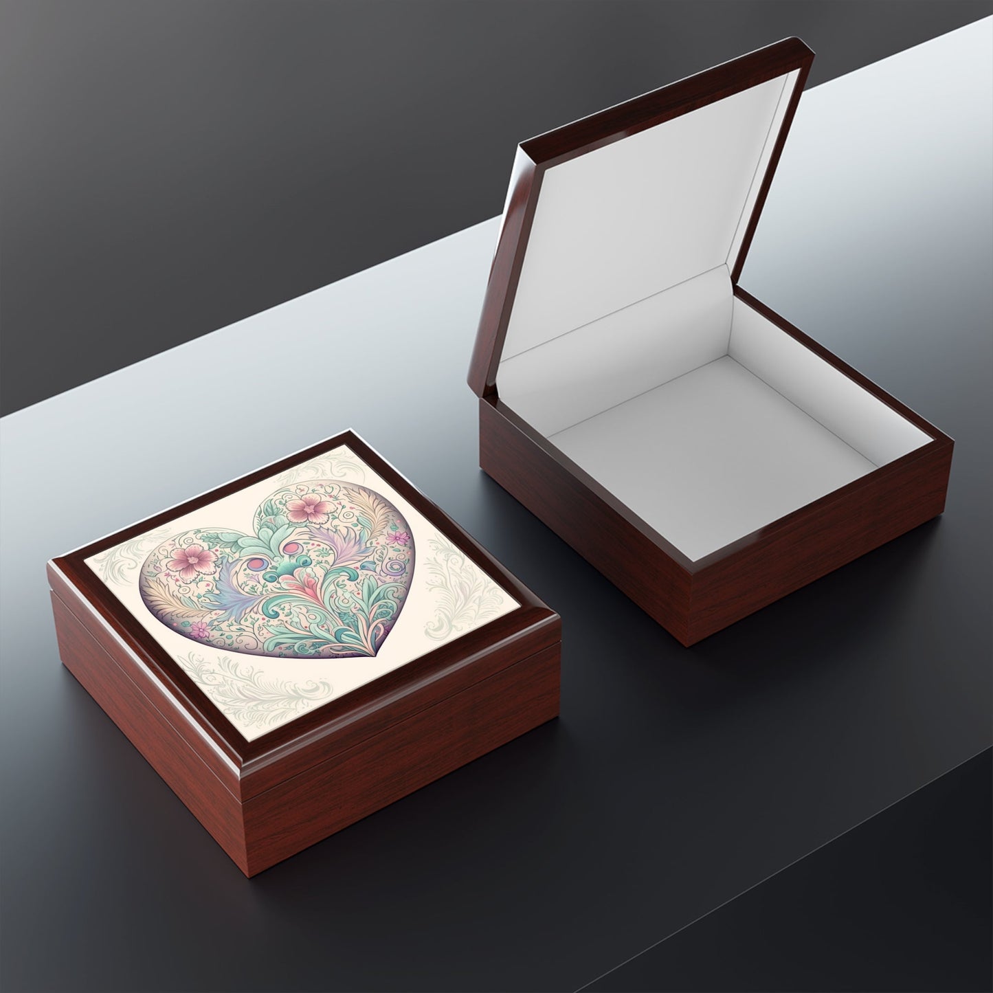 Hidden Dragon Pastel Heart Wood Keepsake Jewelry Box with Ceramic Tile Cover