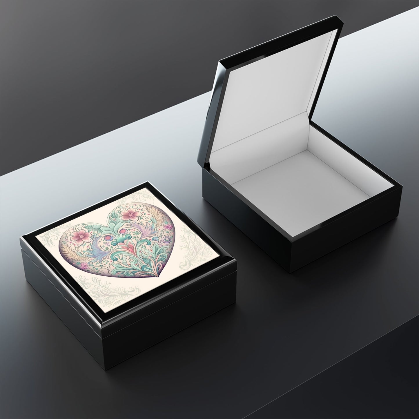 Hidden Dragon Pastel Heart Wood Keepsake Jewelry Box with Ceramic Tile Cover