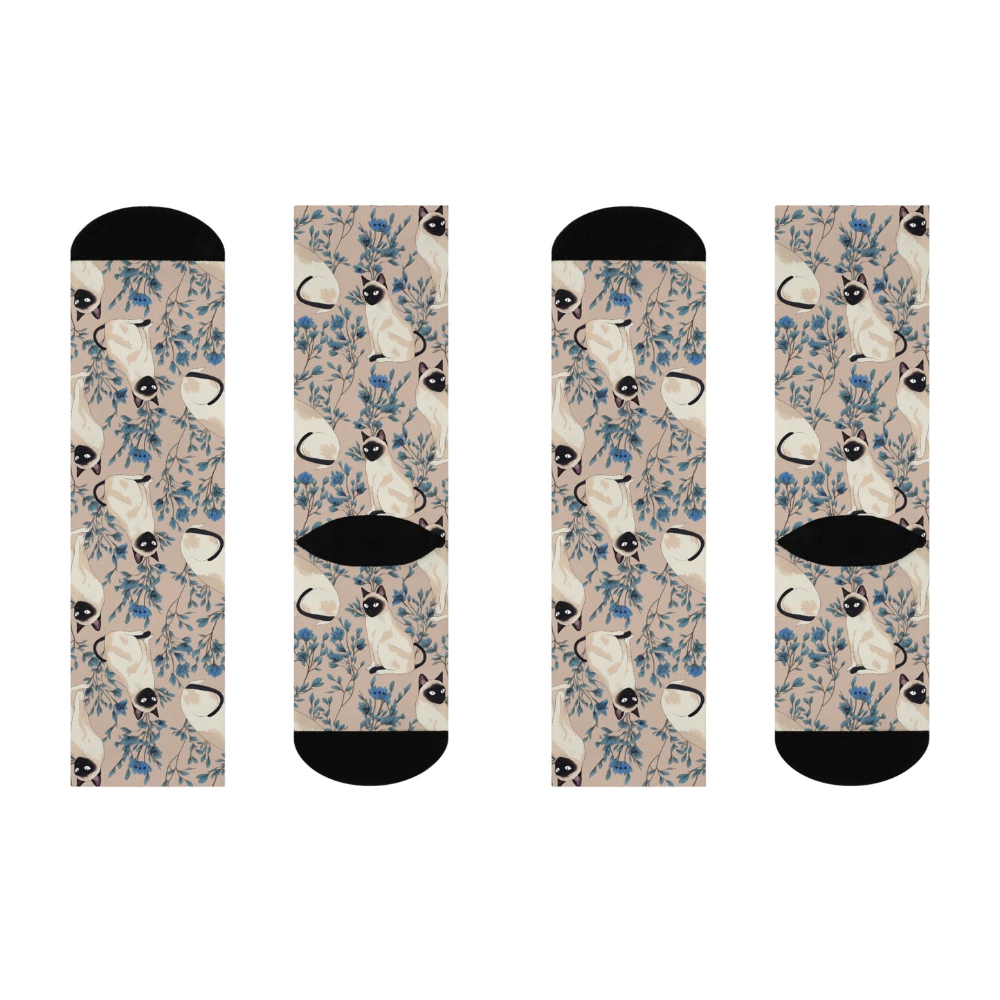 Japandi Style Siamese Cat Design Cushioned Crew Socks