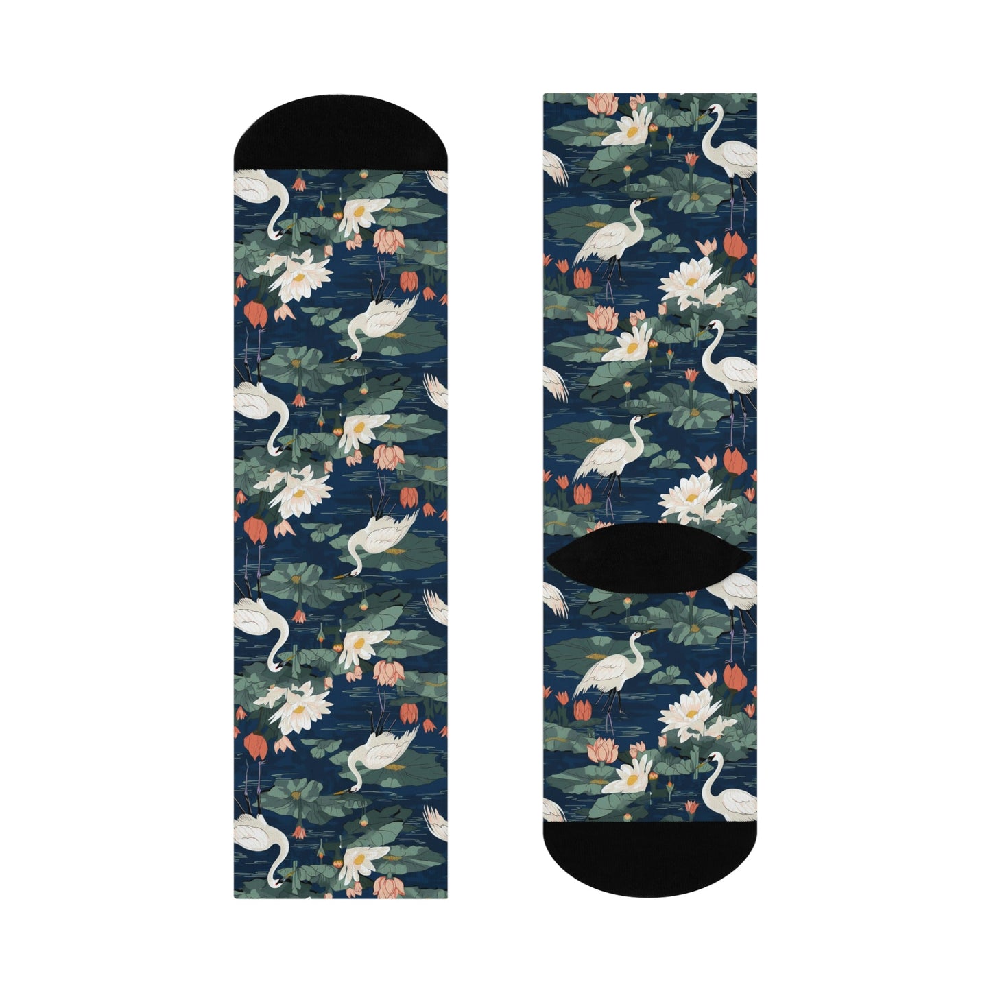 Japandi Style Whooping Cranes with Lotus Flowers Design Cushioned Crew Socks