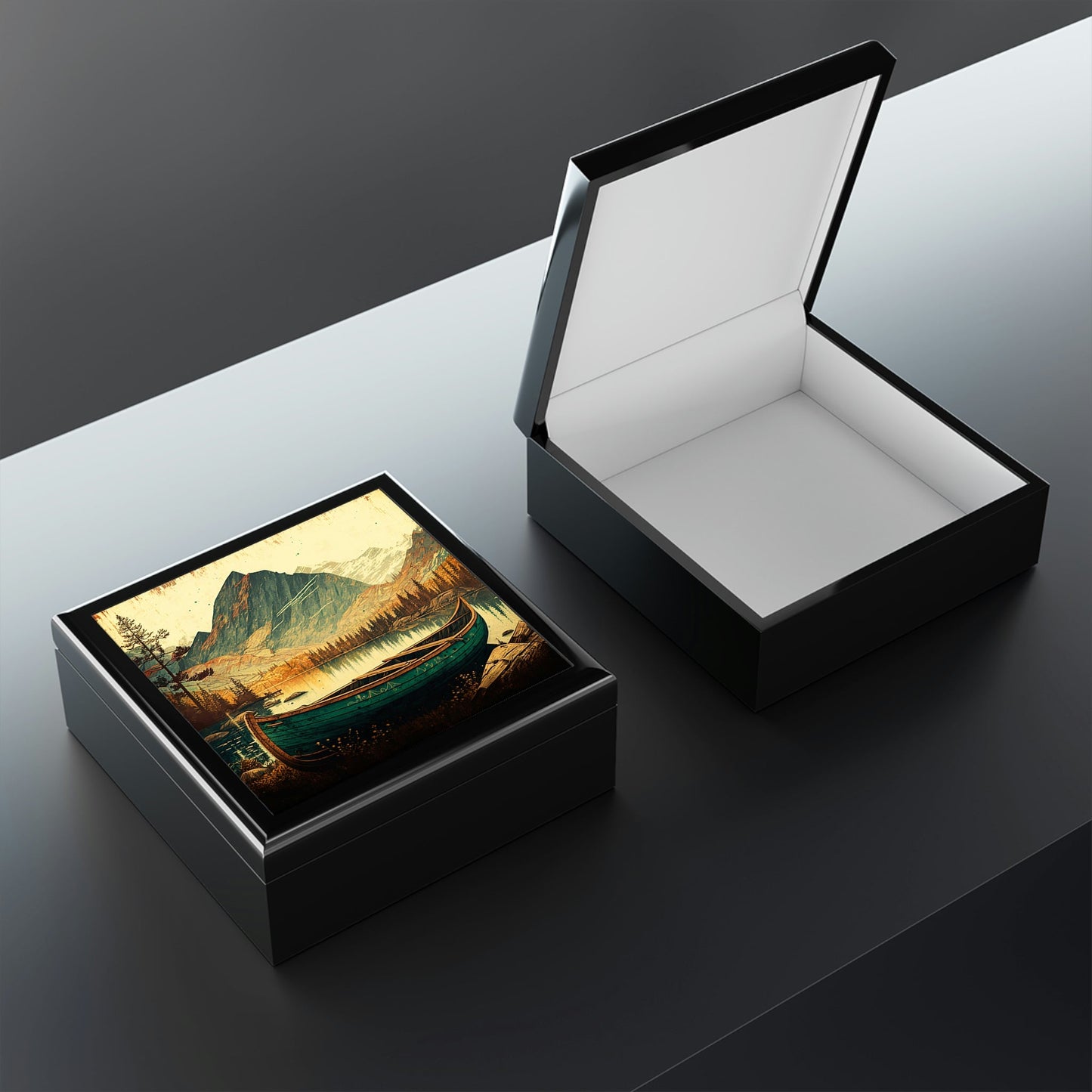 Lakeside Canoe Wood Keepsake Jewelry Box with Ceramic Tile Cover