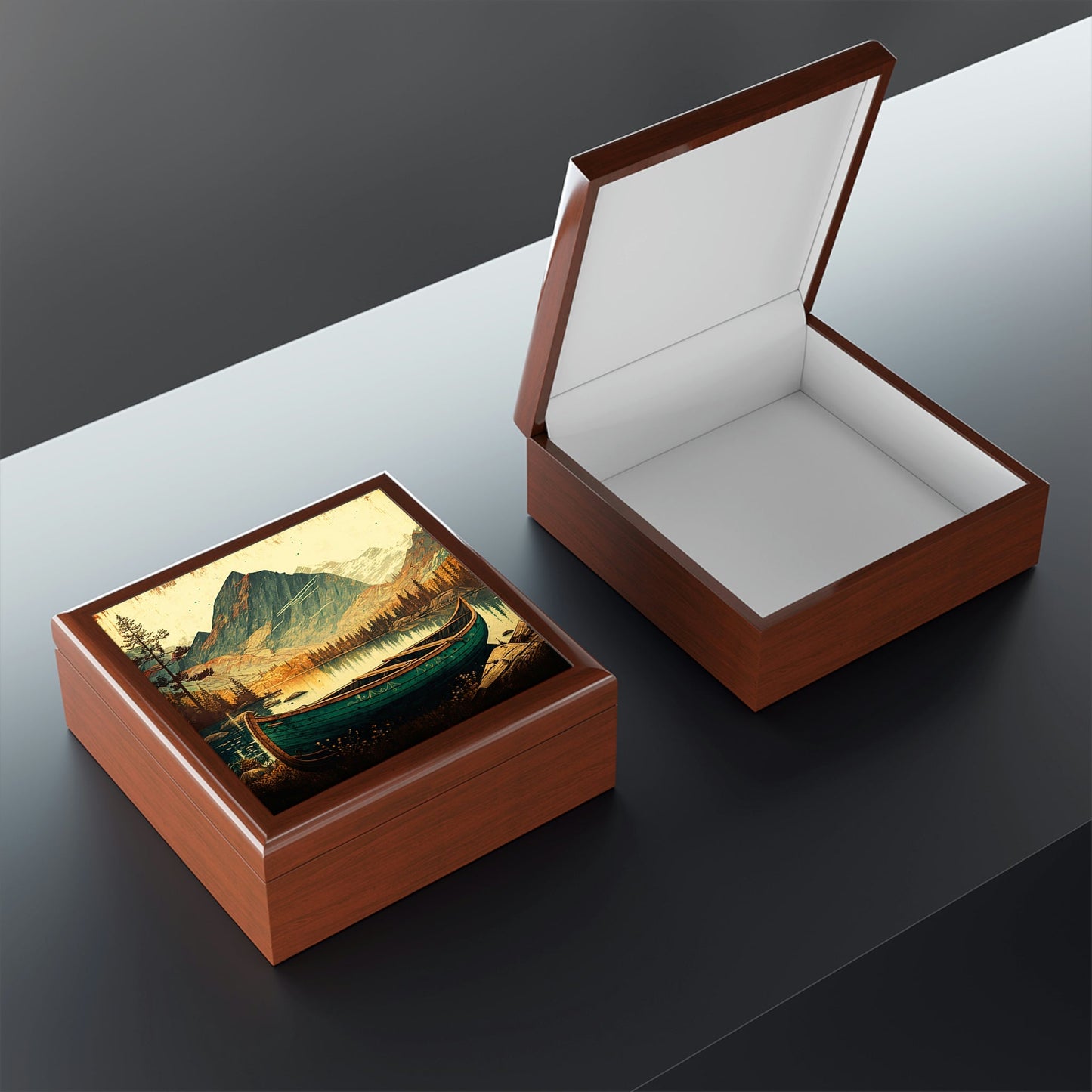 Lakeside Canoe Wood Keepsake Jewelry Box with Ceramic Tile Cover