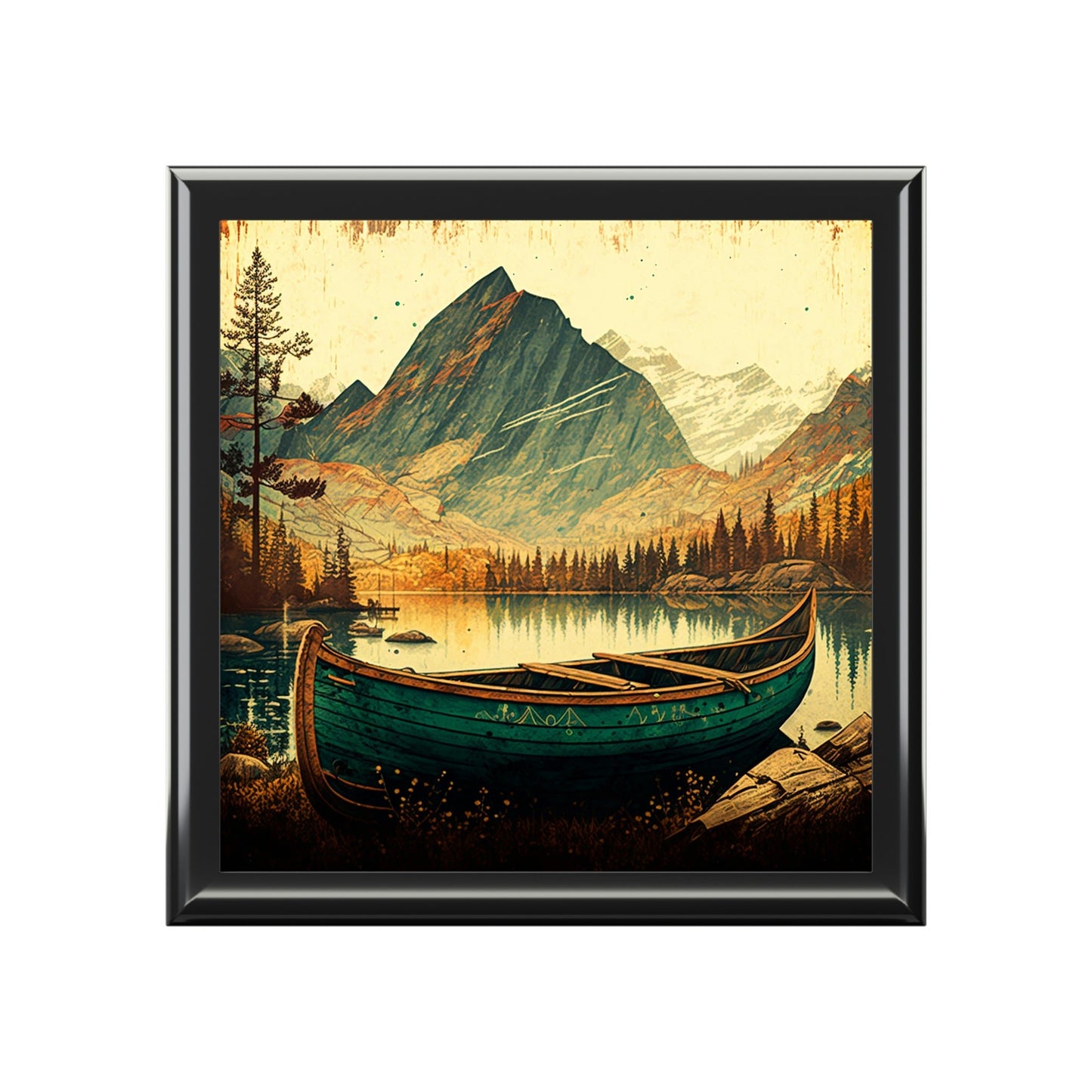 Lakeside Canoe Wood Keepsake Jewelry Box with Ceramic Tile Cover