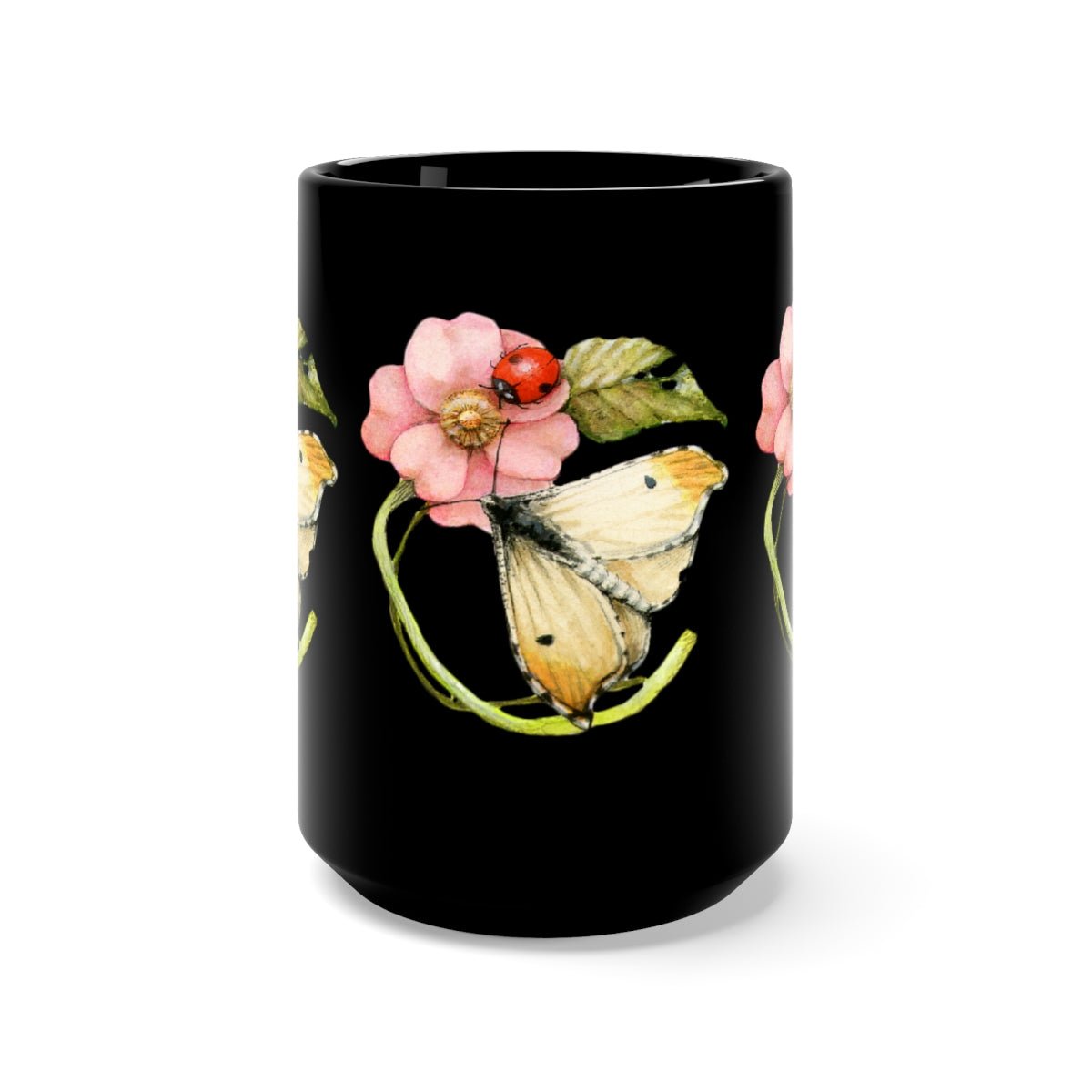 Lovely Striking Butterfly and Wild Rose Watercolor Black Mug 15oz