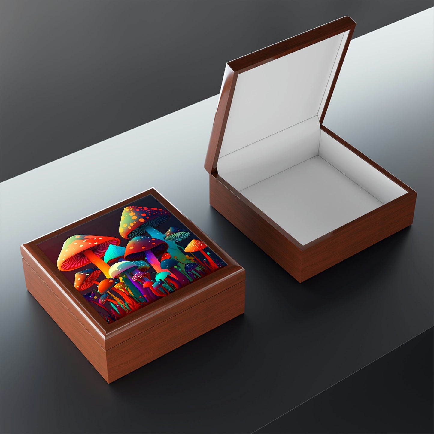 Magic Mushroom Wooden Keepsake Jewelry Box with Ceramic Tile Cover