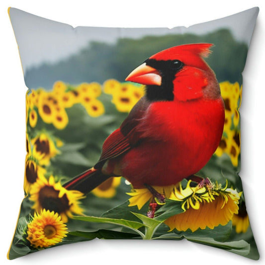 Male Cardinal Perched atop Sunflowers Square Pillow