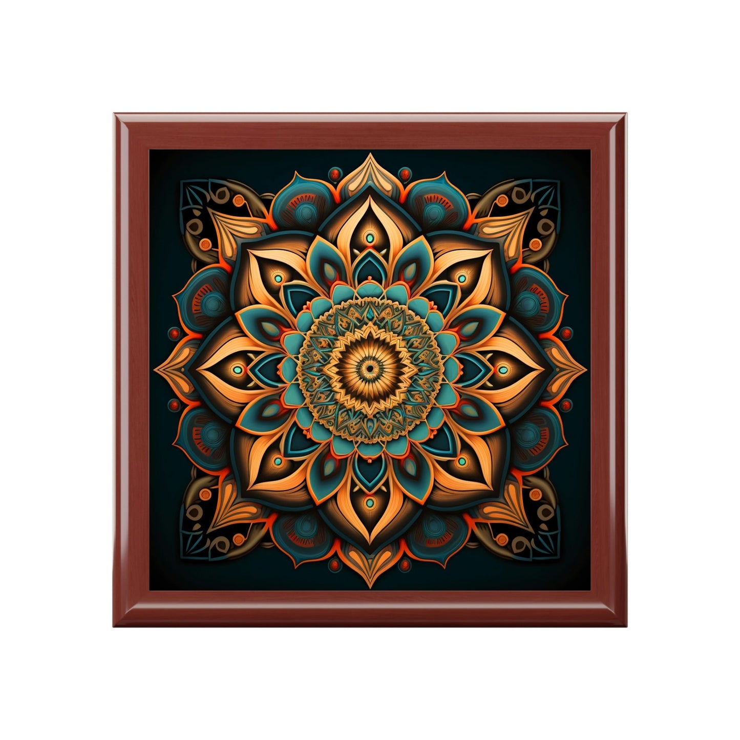 Mandala Wood Keepsake Jewelry Box with Ceramic Tile Cover