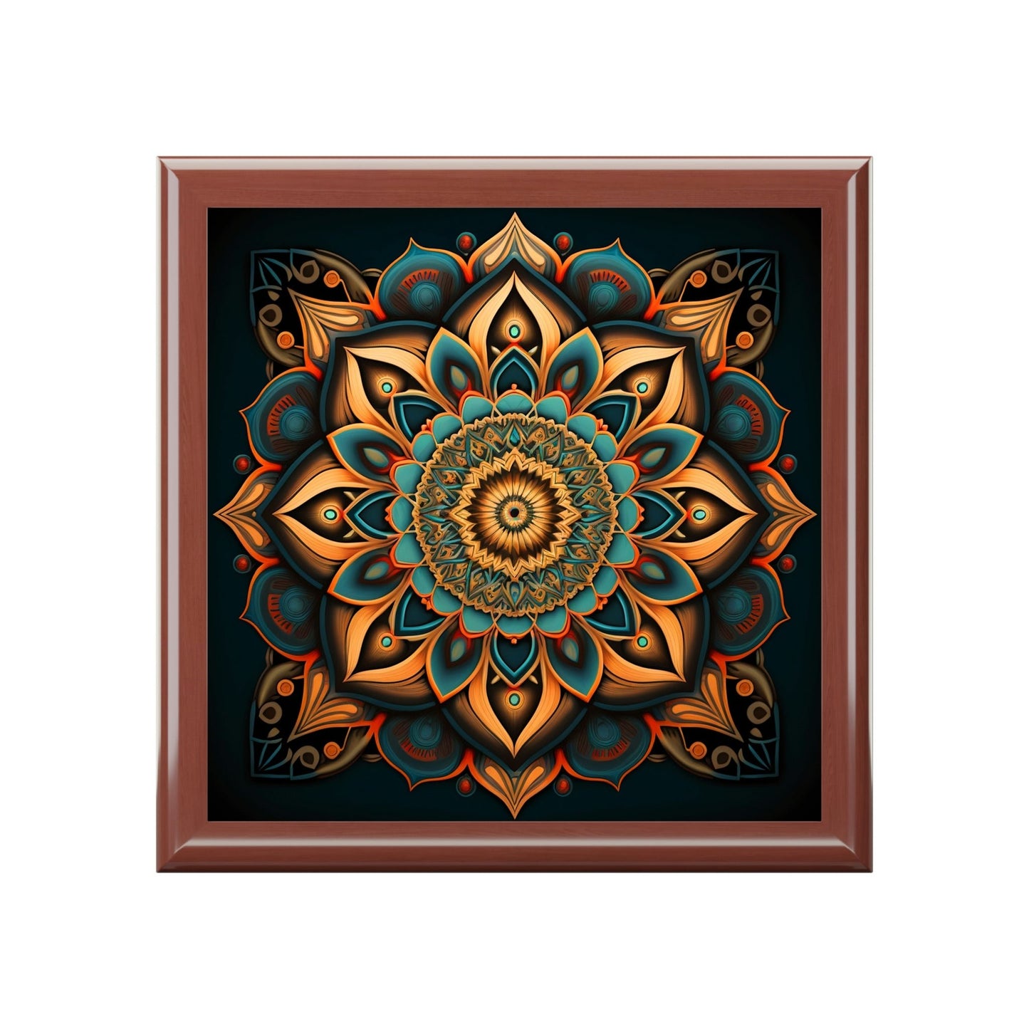 Mandala Wood Keepsake Jewelry Box with Ceramic Tile Cover