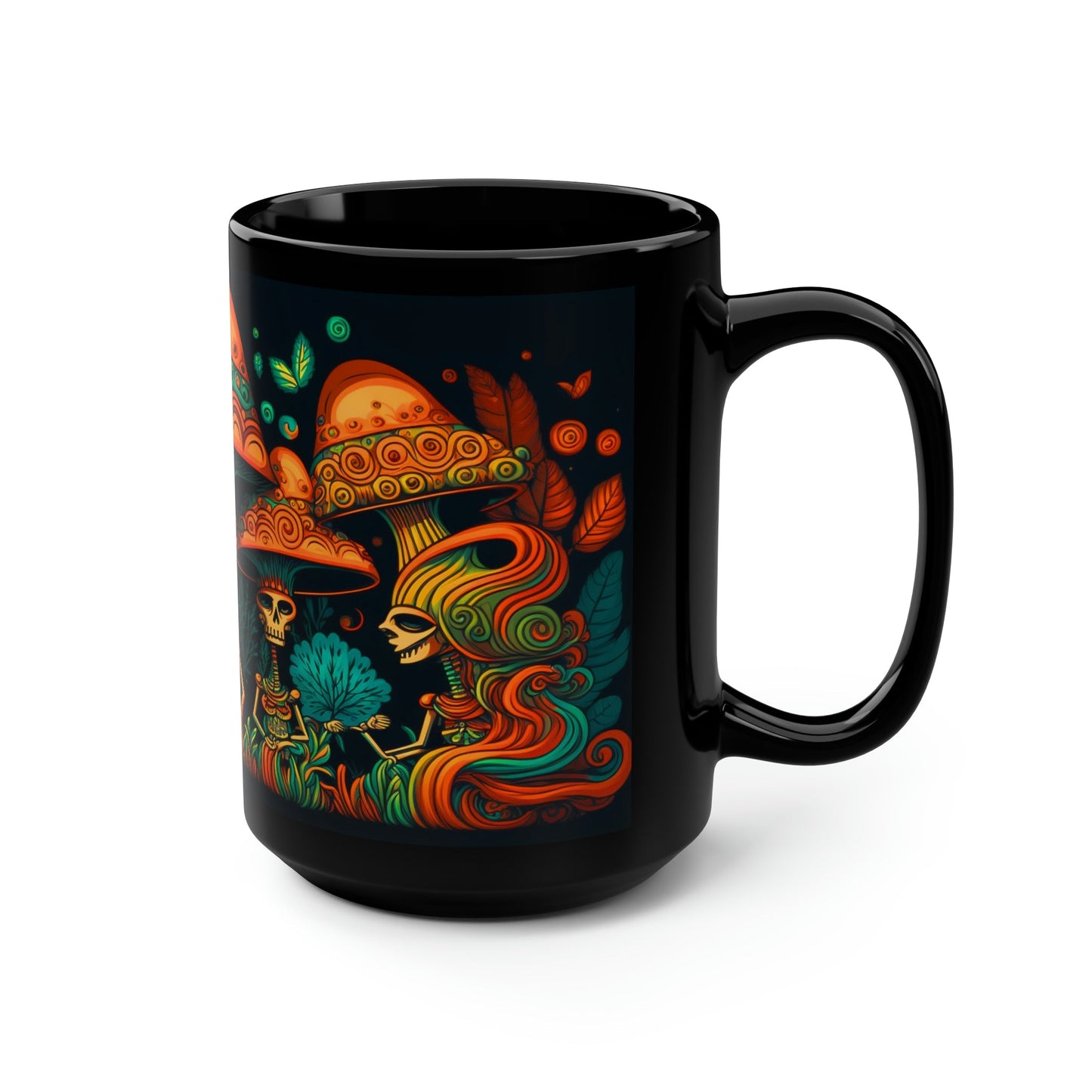 Mesoamerican Magic Mushroom Skulls 15 oz Coffee Mug perfect for the mushrooming fan or as a birthday gift for nature lovers