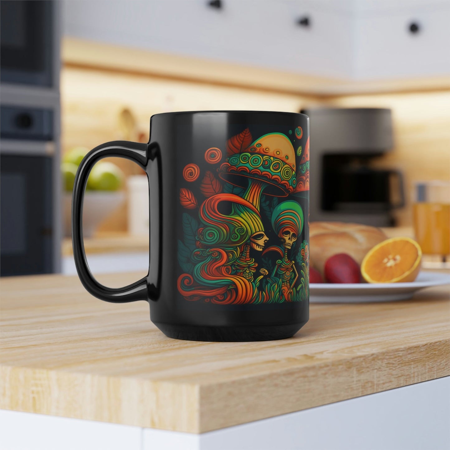 Mesoamerican Magic Mushroom Skulls 15 oz Coffee Mug perfect for the mushrooming fan or as a birthday gift for nature lovers
