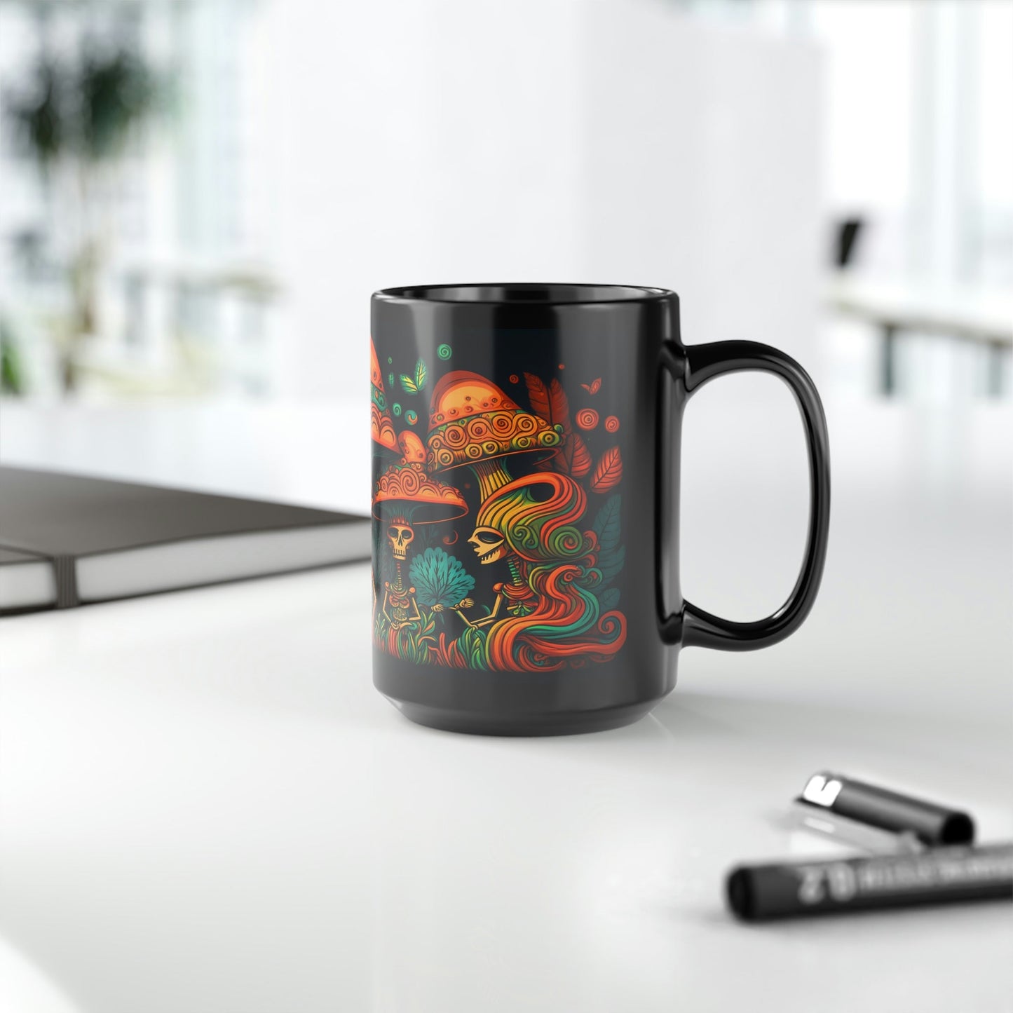 Mesoamerican Magic Mushroom Skulls 15 oz Coffee Mug perfect for the mushrooming fan or as a birthday gift for nature lovers