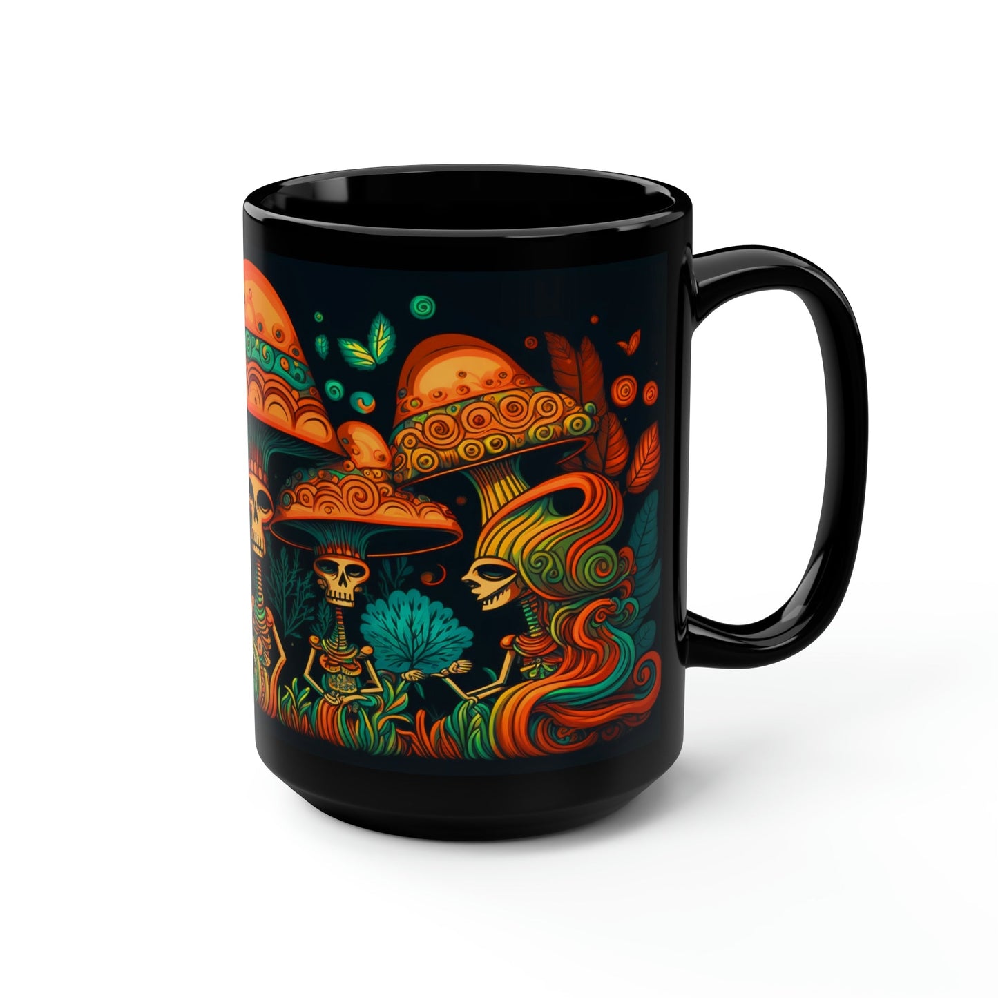 Mesoamerican Magic Mushroom Skulls 15 oz Coffee Mug perfect for the mushrooming fan or as a birthday gift for nature lovers