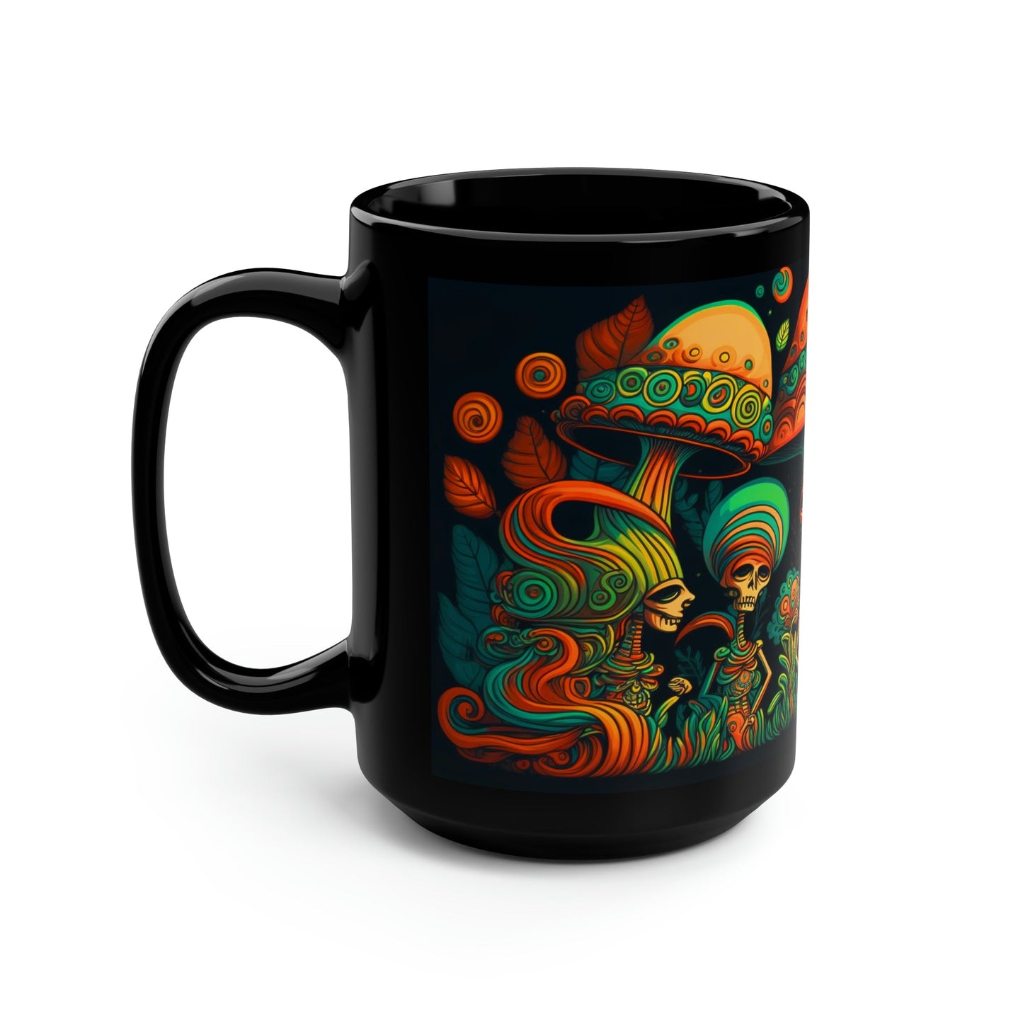Mesoamerican Magic Mushroom Skulls 15 oz Coffee Mug perfect for the mushrooming fan or as a birthday gift for nature lovers