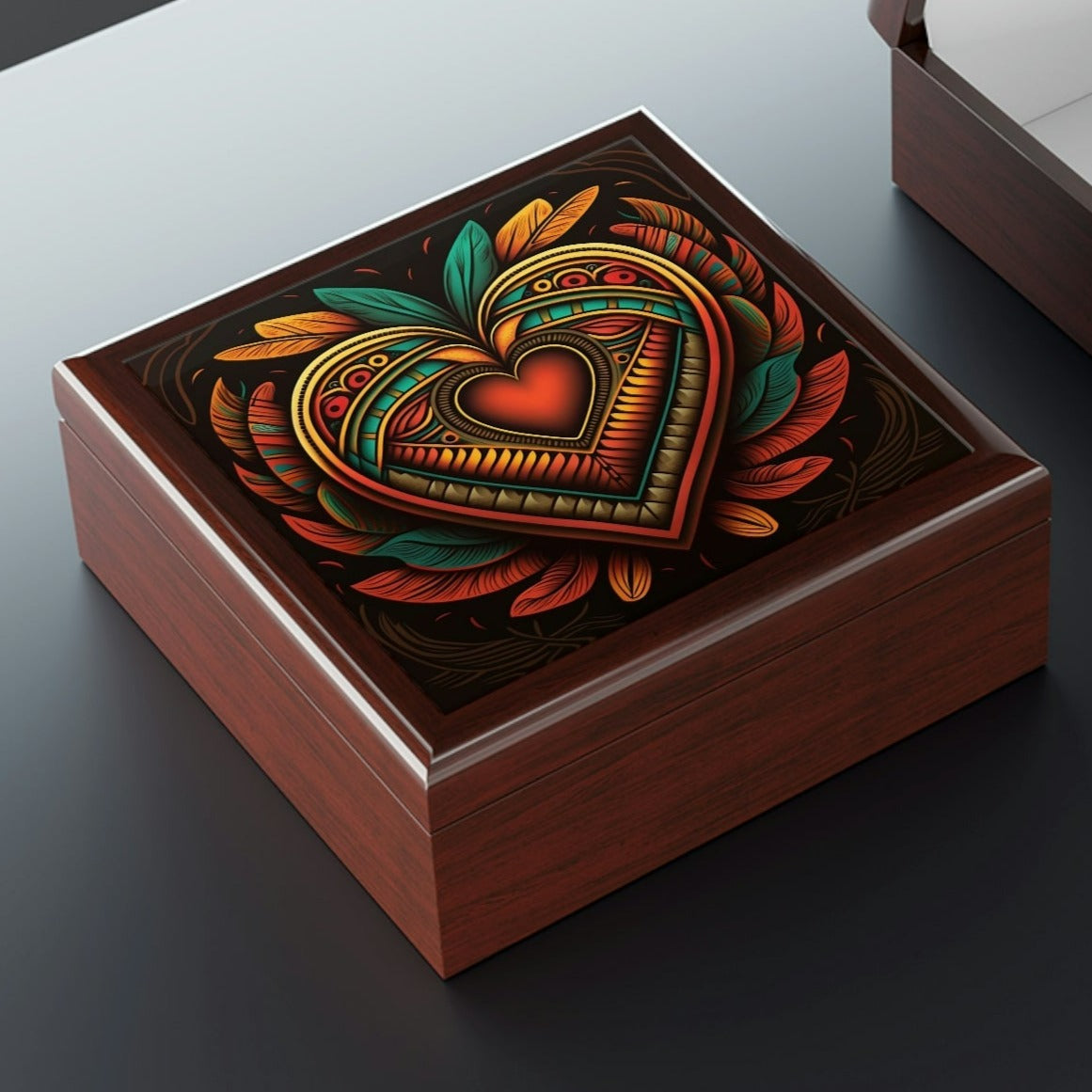 Mesoamerican Wood Keepsake Jewelry Box with Ceramic Tile Cover