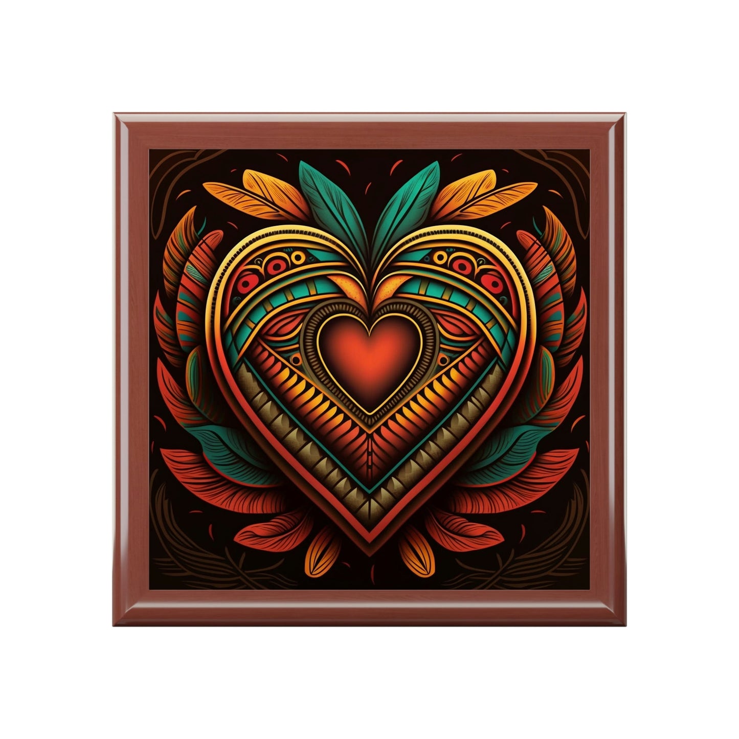 Mesoamerican Wood Keepsake Jewelry Box with Ceramic Tile Cover