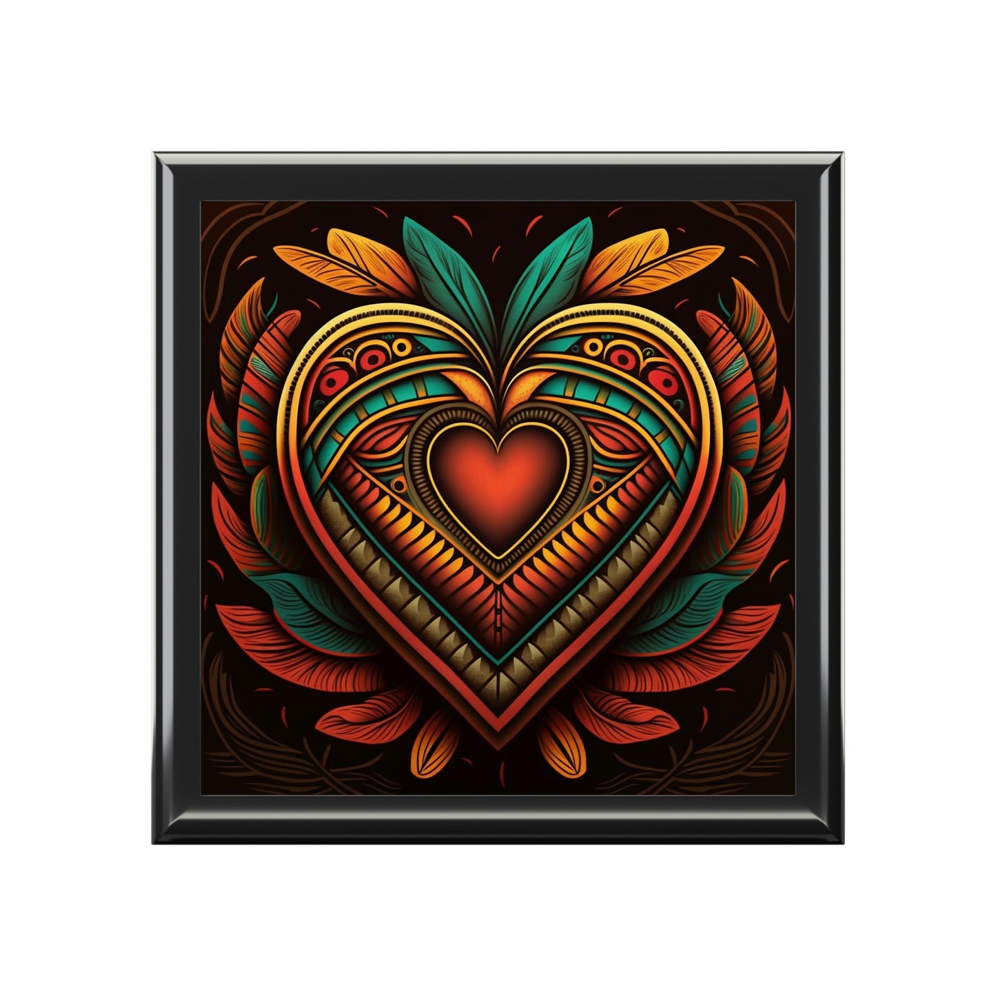 Mesoamerican Wood Keepsake Jewelry Box with Ceramic Tile Cover