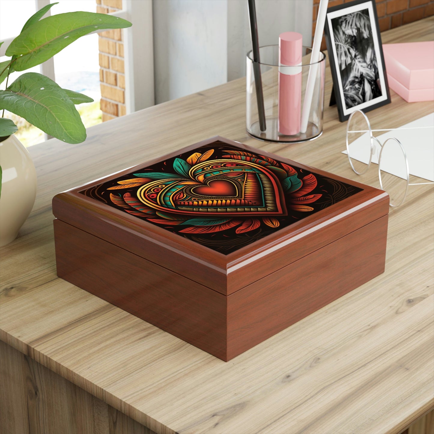 Mesoamerican Wood Keepsake Jewelry Box with Ceramic Tile Cover