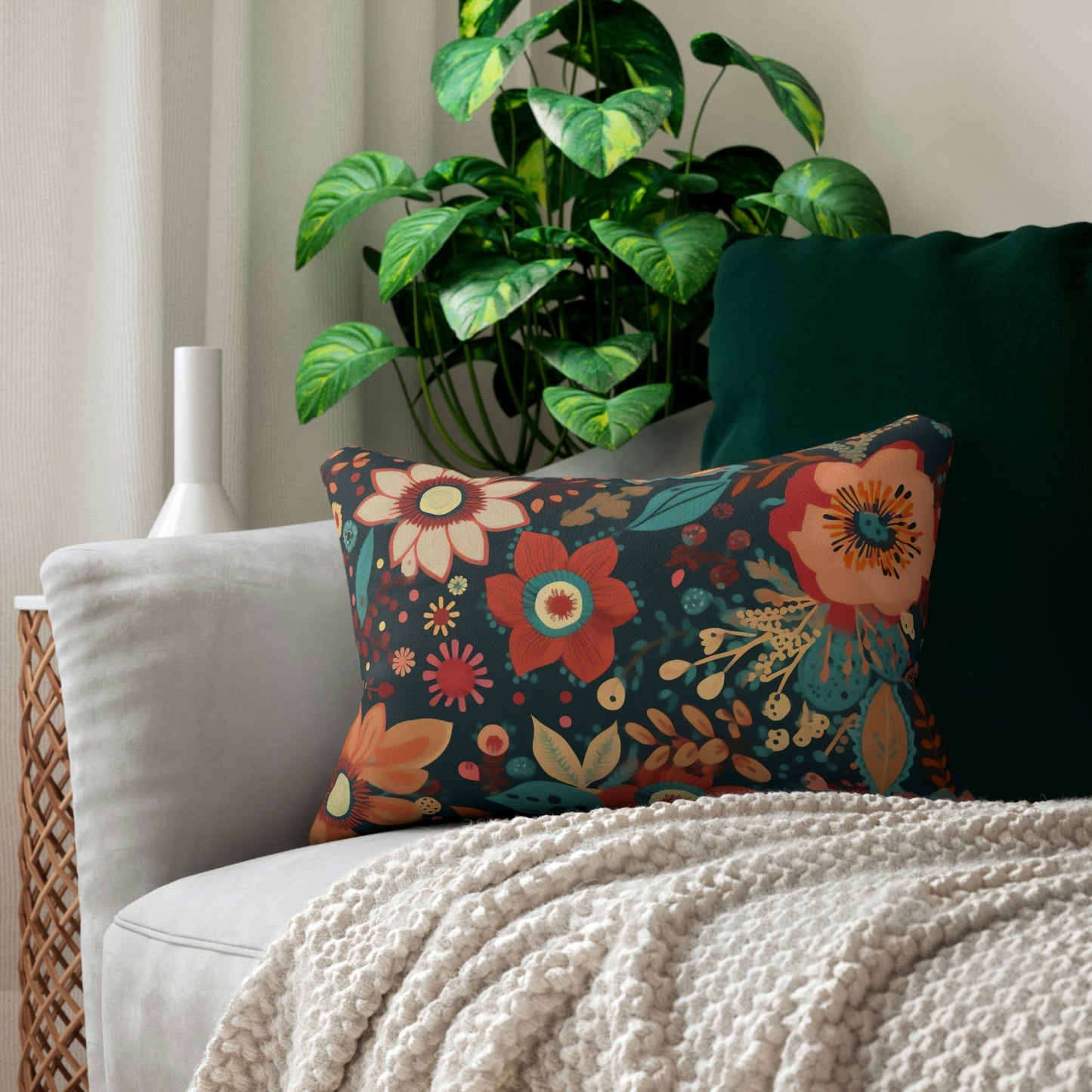 Mid-Century Modern Floral Spun Polyester Lumbar Pillow