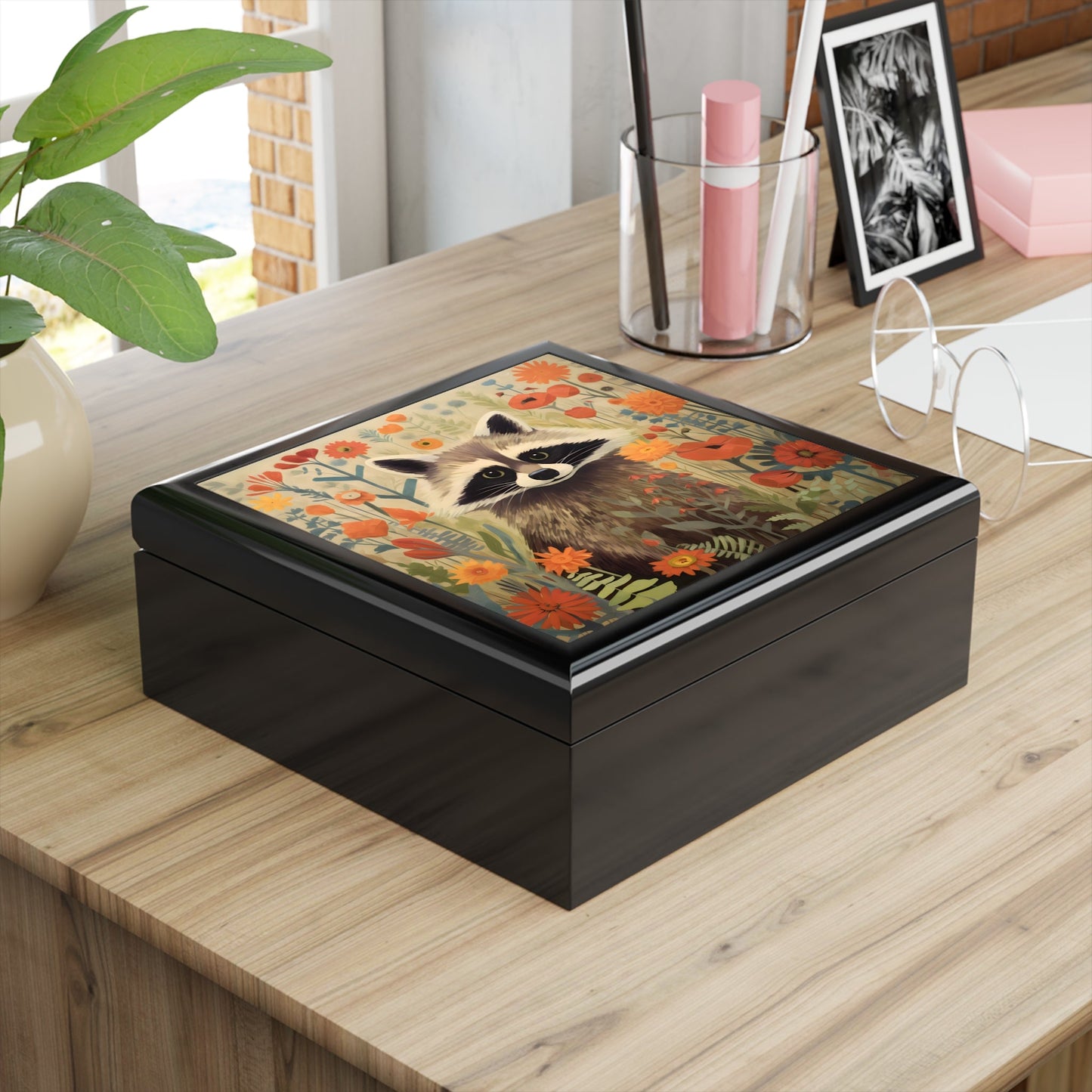 Mid-Century Modern Raccoon in a Garden Fine Art Print Jewelry Keepsake Trinkets Box