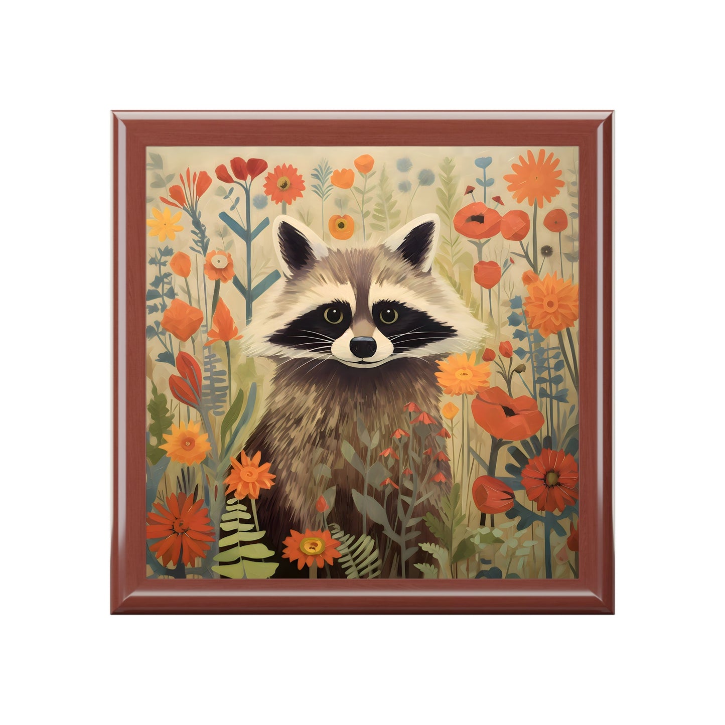 Mid-Century Modern Raccoon in a Garden Fine Art Print Jewelry Keepsake Trinkets Box