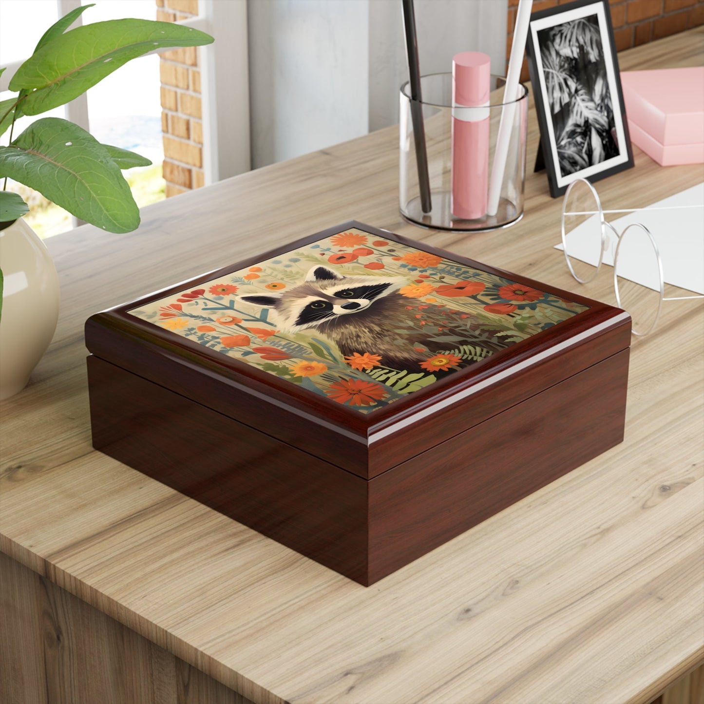 Mid-Century Modern Raccoon in a Garden Fine Art Print Jewelry Keepsake Trinkets Box