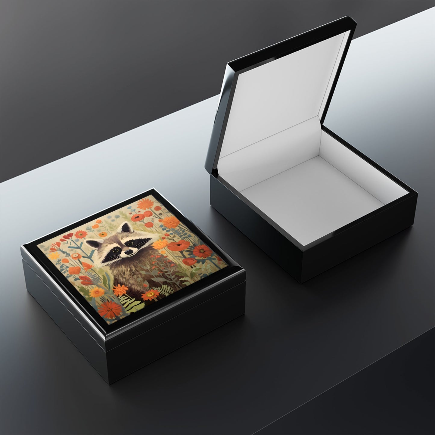 Mid-Century Modern Raccoon in a Garden Fine Art Print Jewelry Keepsake Trinkets Box