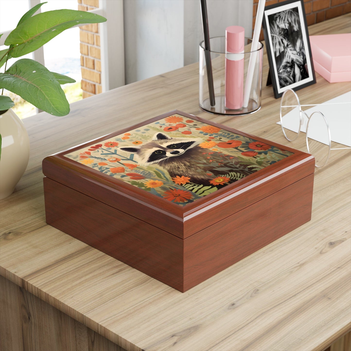 Mid-Century Modern Raccoon in a Garden Fine Art Print Jewelry Keepsake Trinkets Box