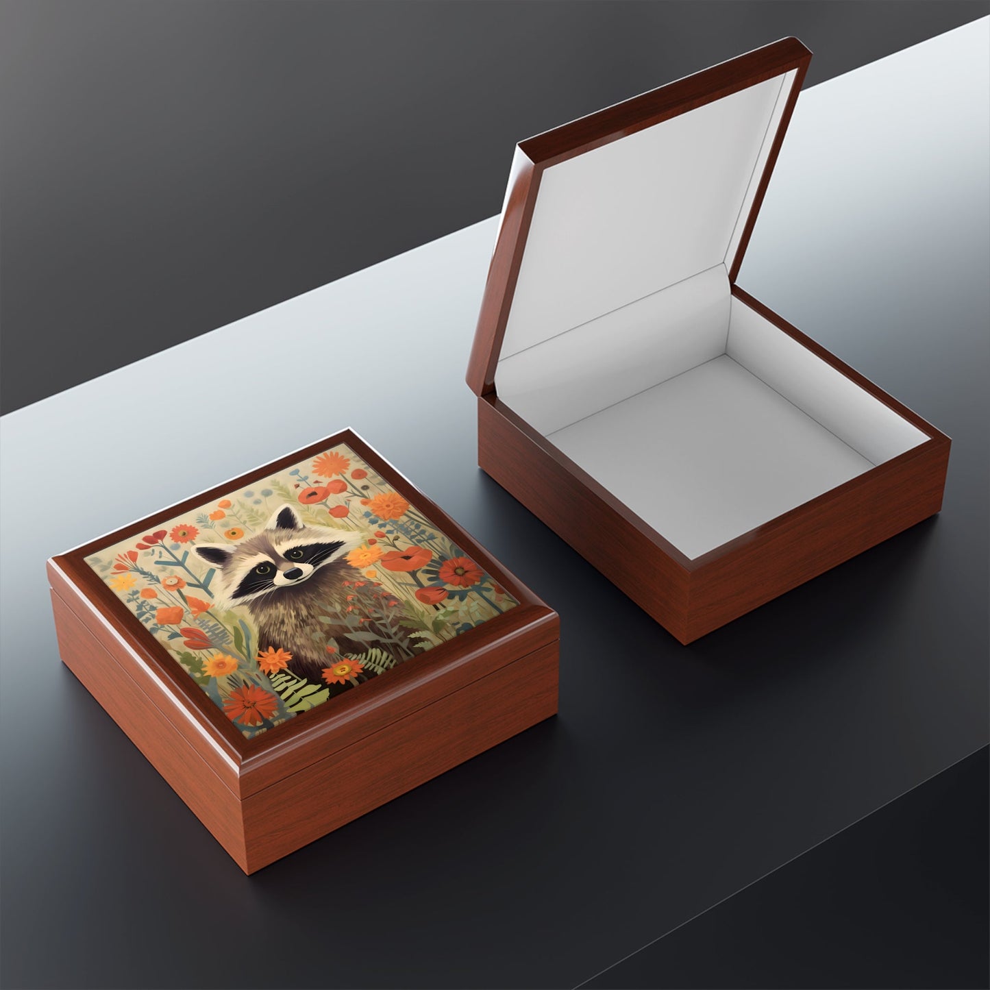 Mid-Century Modern Raccoon in a Garden Fine Art Print Jewelry Keepsake Trinkets Box