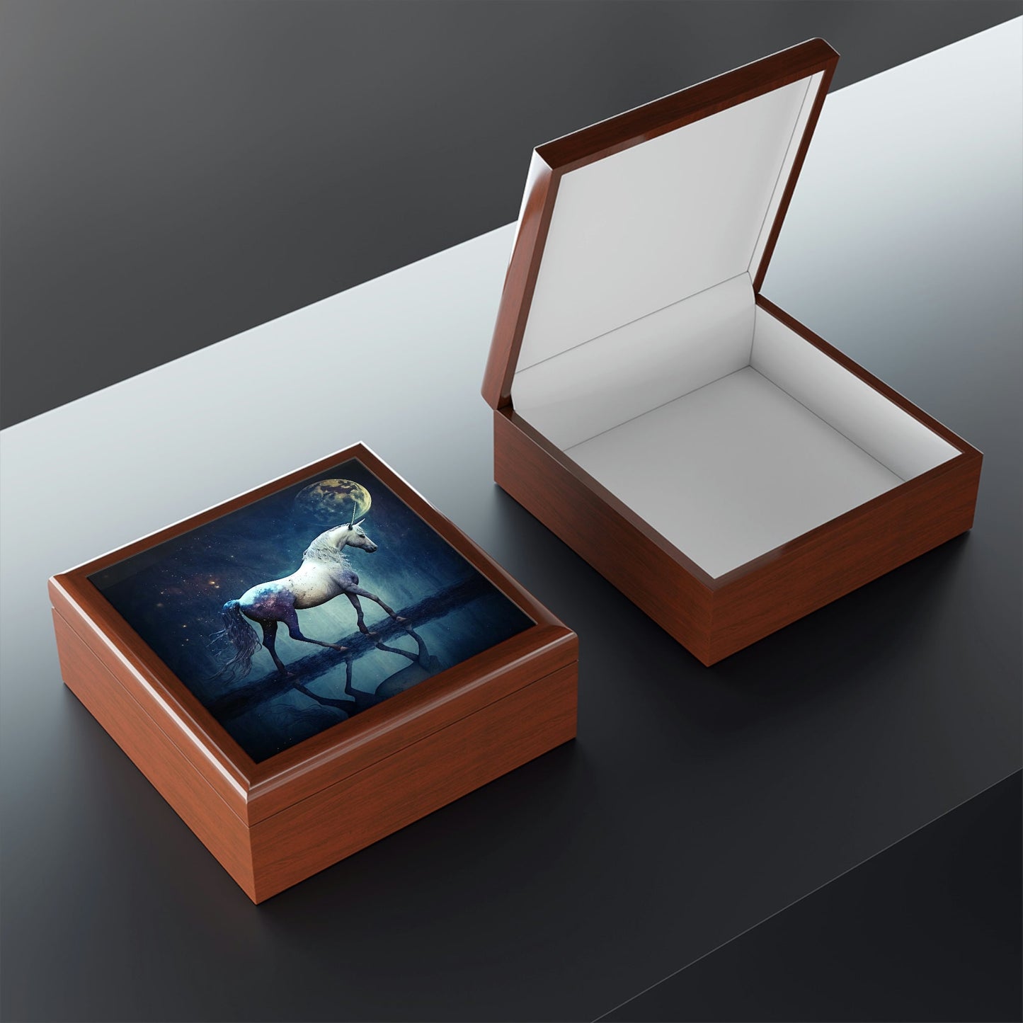 Midnight Unicorn Wooden Keepsake Jewelry Box with Ceramic Tile Cover