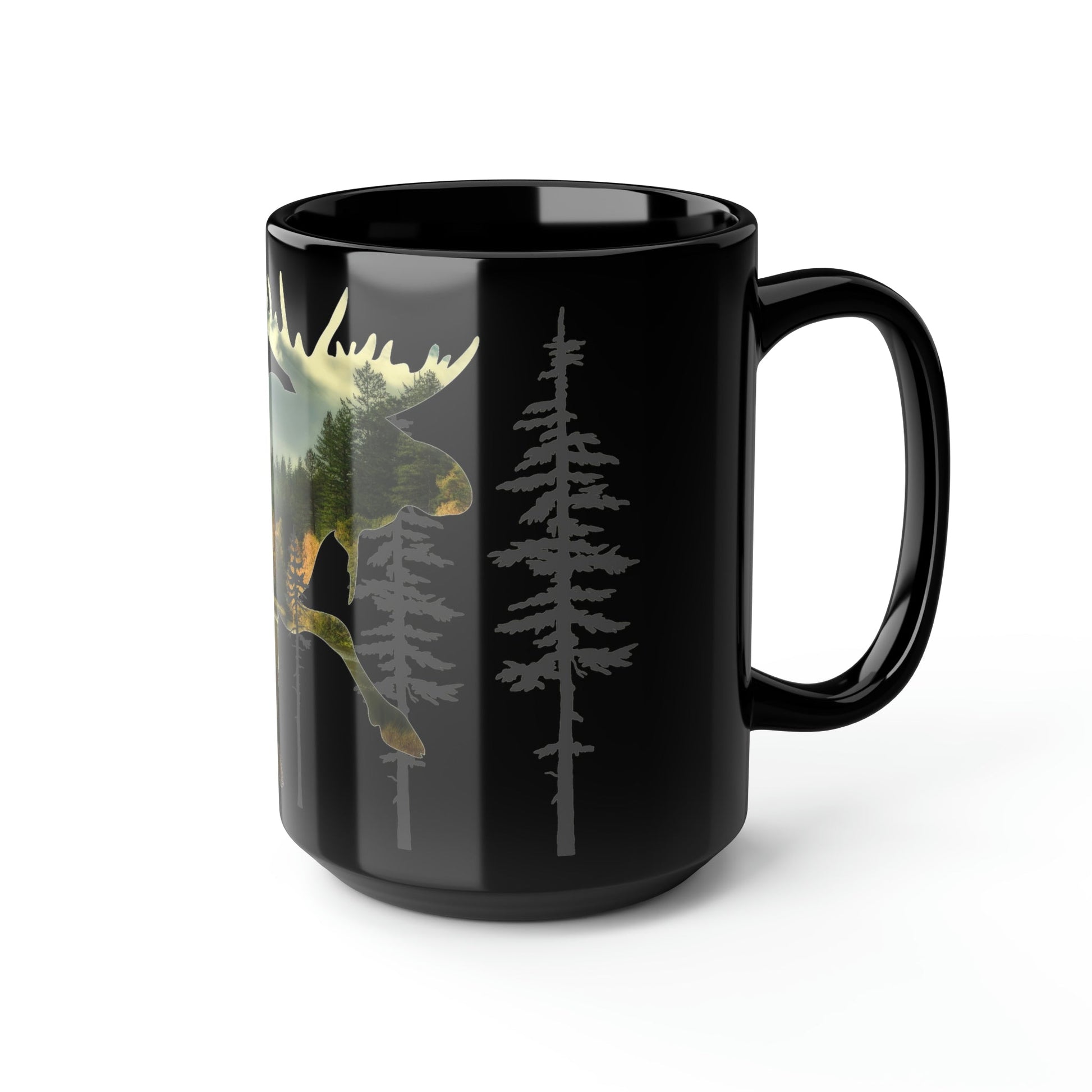 Moose in the Woods Black Mug, 15oz