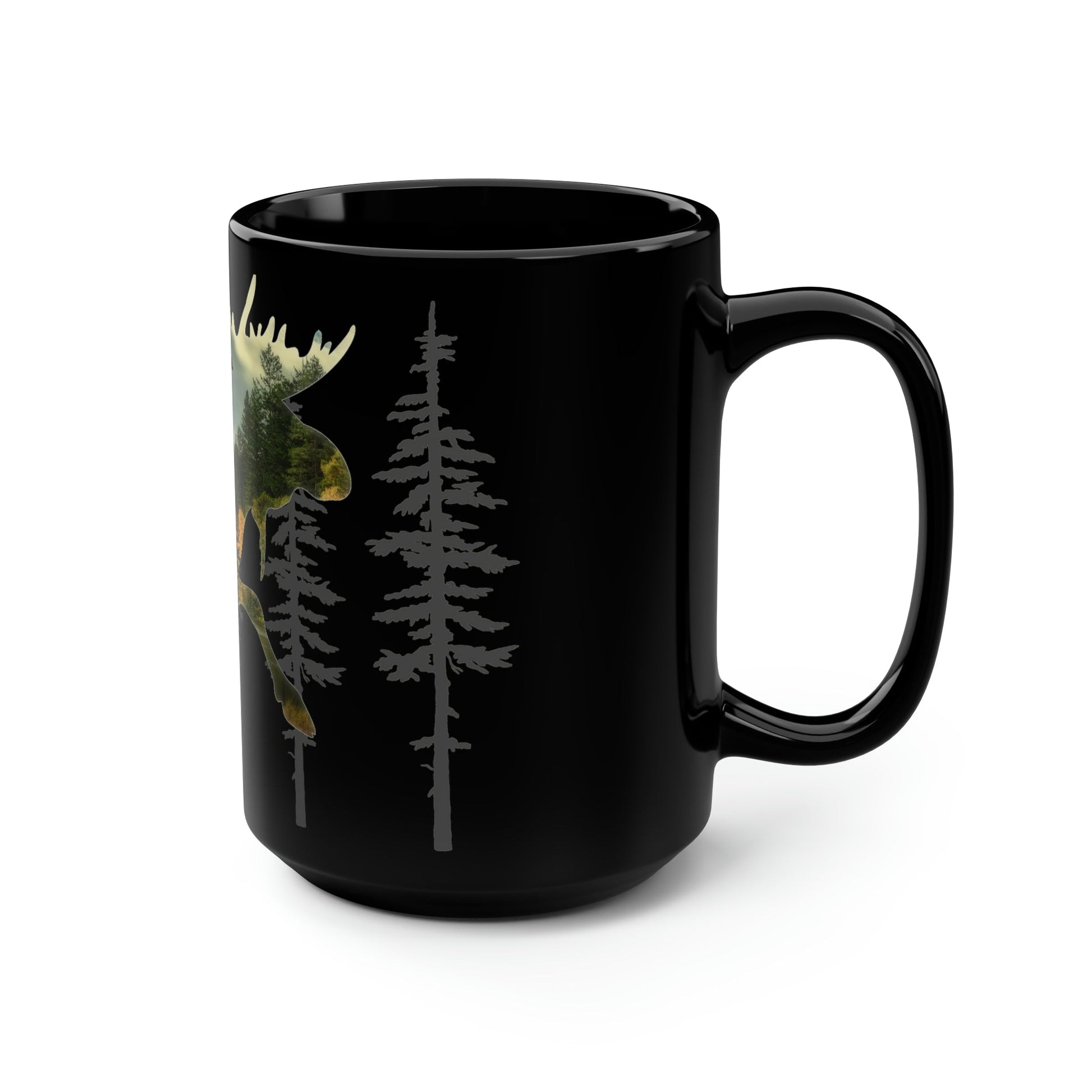Moose in the Woods Black Mug, 15oz