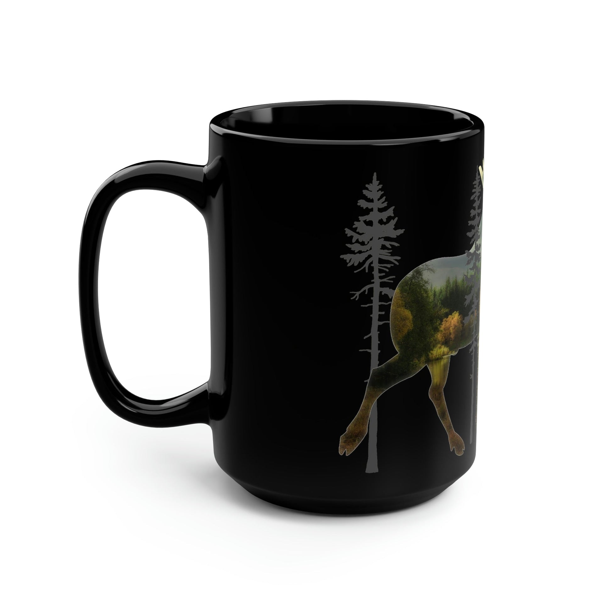 Moose in the Woods Black Mug, 15oz