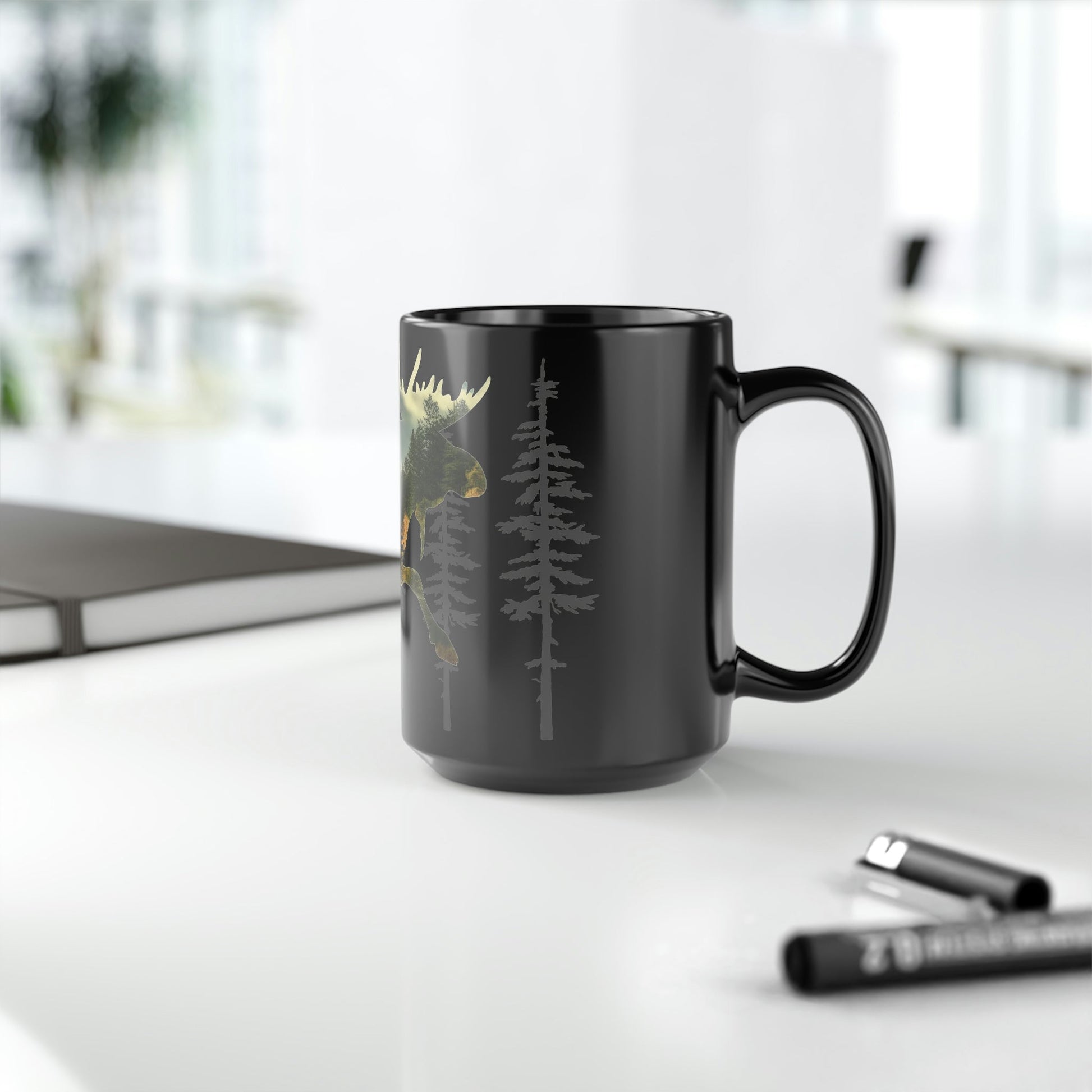 Moose in the Woods Black Mug, 15oz