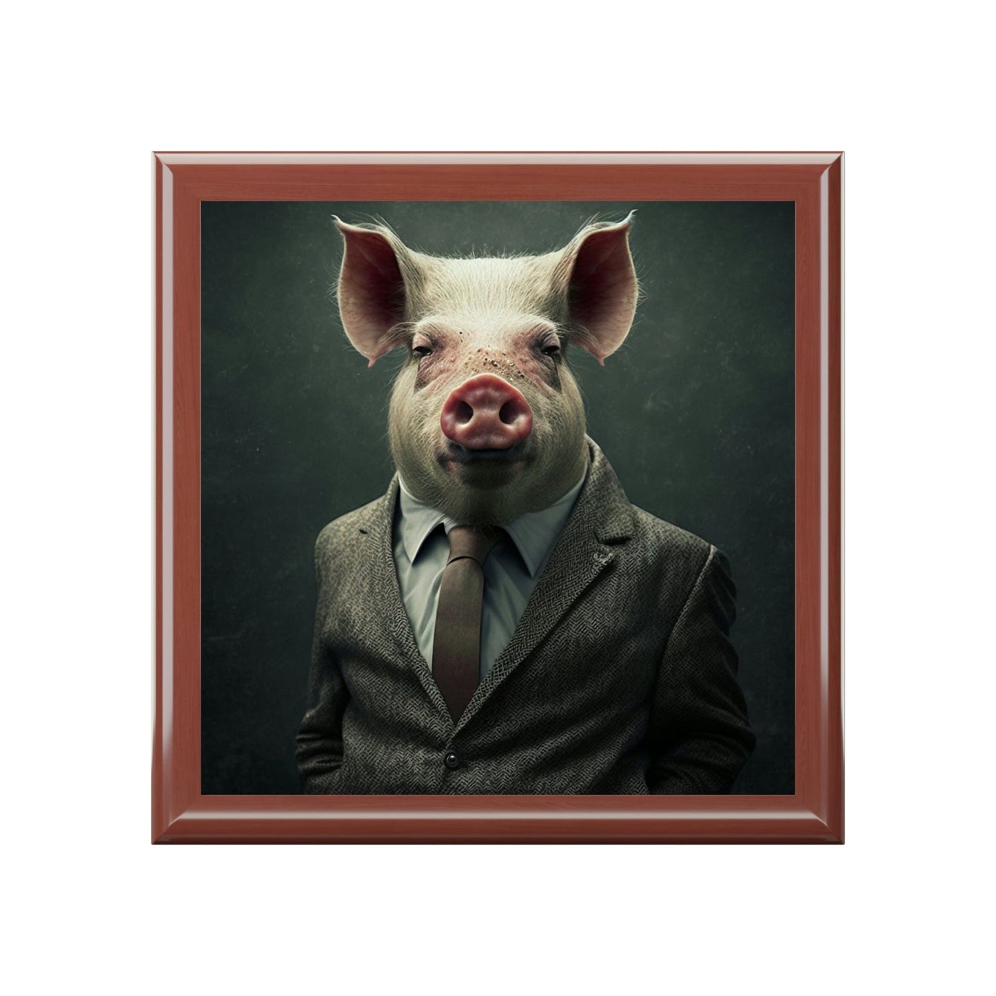 Mr. Pig Wooden Keepsake Jewelry Box with Ceramic Tile Cover