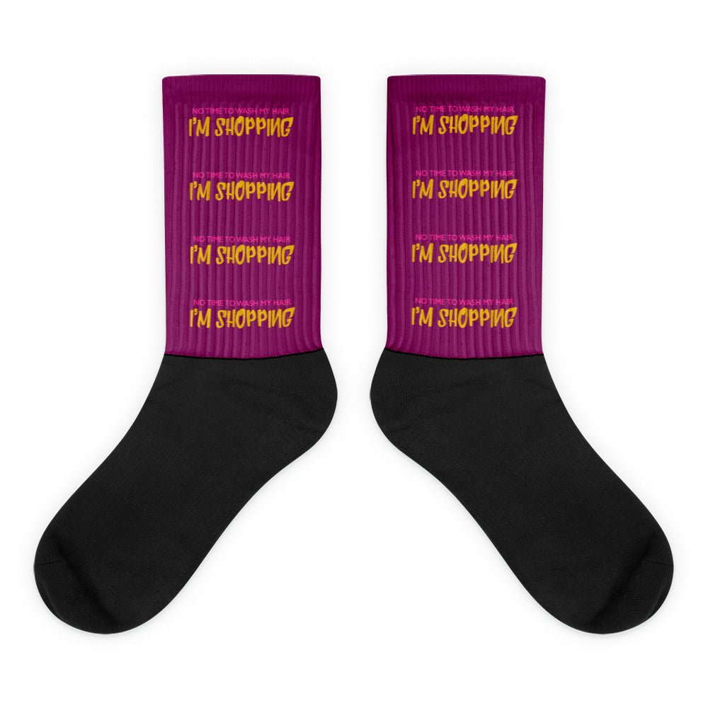 No Time To Wash My Hair I'm Shopping Socks Sox Funny Shop Beauty Fun Cool Gift Girlfriend Wife Husband Boyfriend Purple Yellow